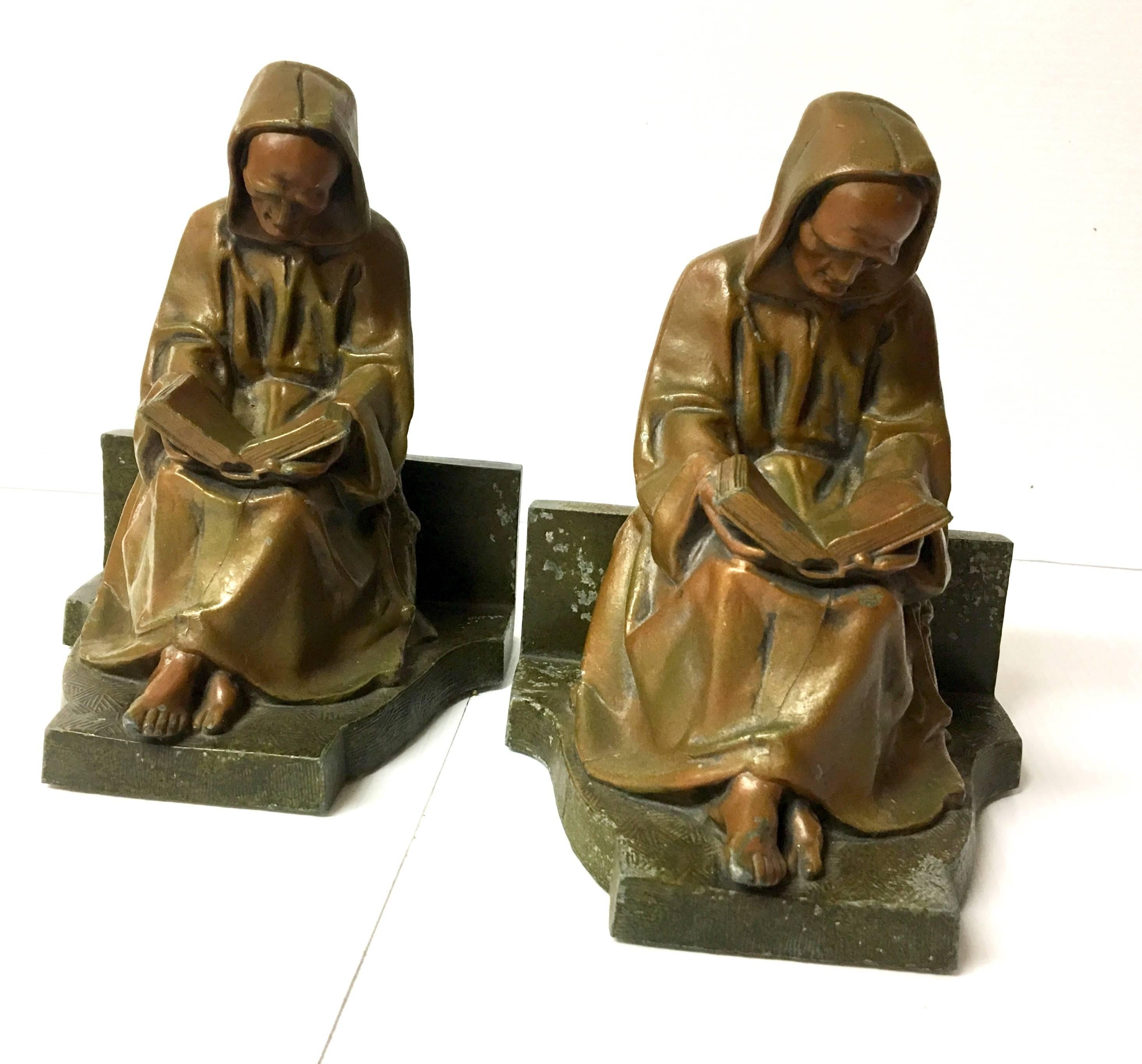 Renaissance Antique Pair of Monk Reading/Scholar Bookends in Bronze Finish