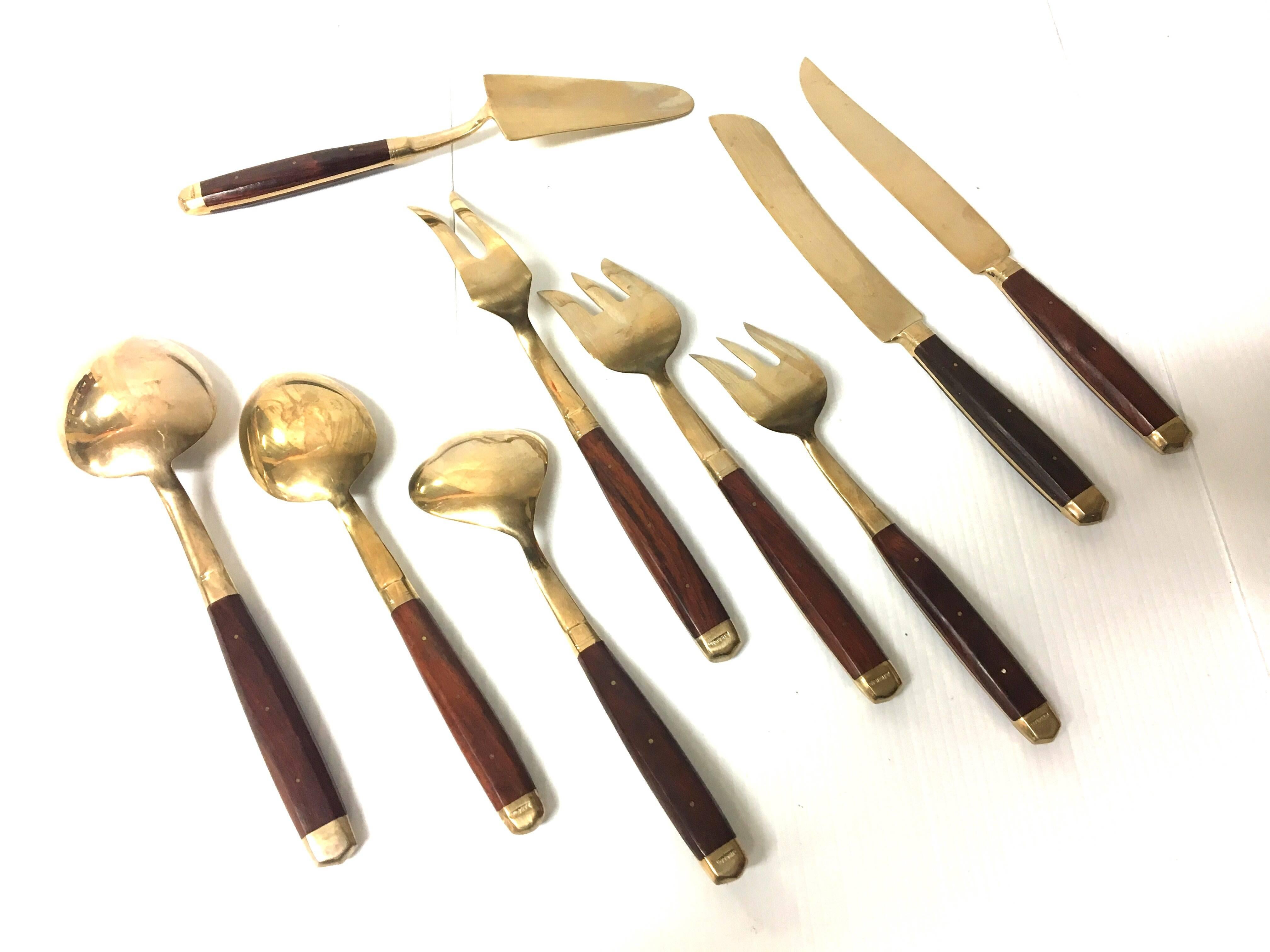 Thai Danish Modern Rosewood and Brass Serving Set of Nine Pieces
