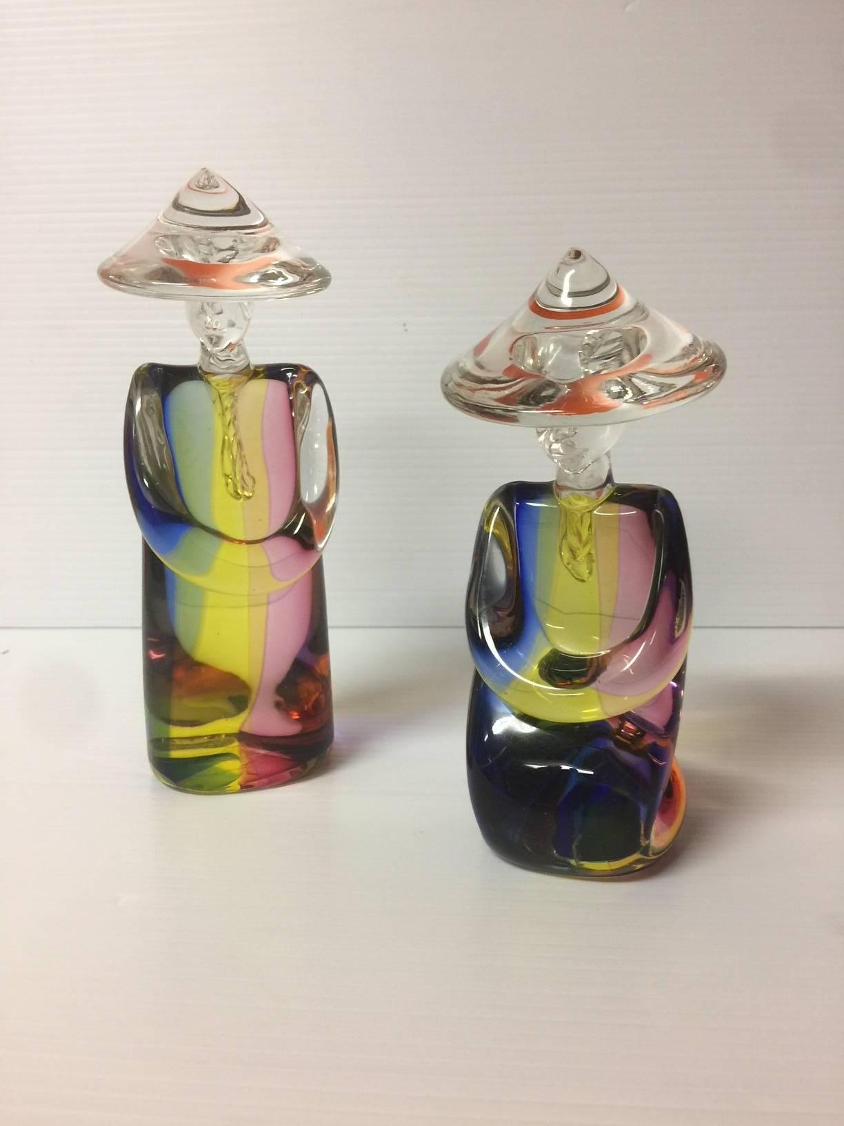Italian Chinese Figurines in Sommerso Art Glass by Archimede Seguso for Murano Glass