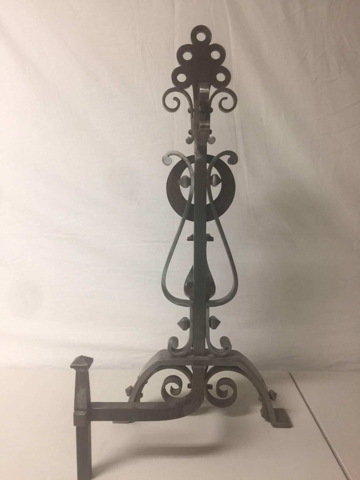 Gorgeous Pair of Scrolled Iron Andirons and Cross Bar In Good Condition For Sale In San Diego, CA