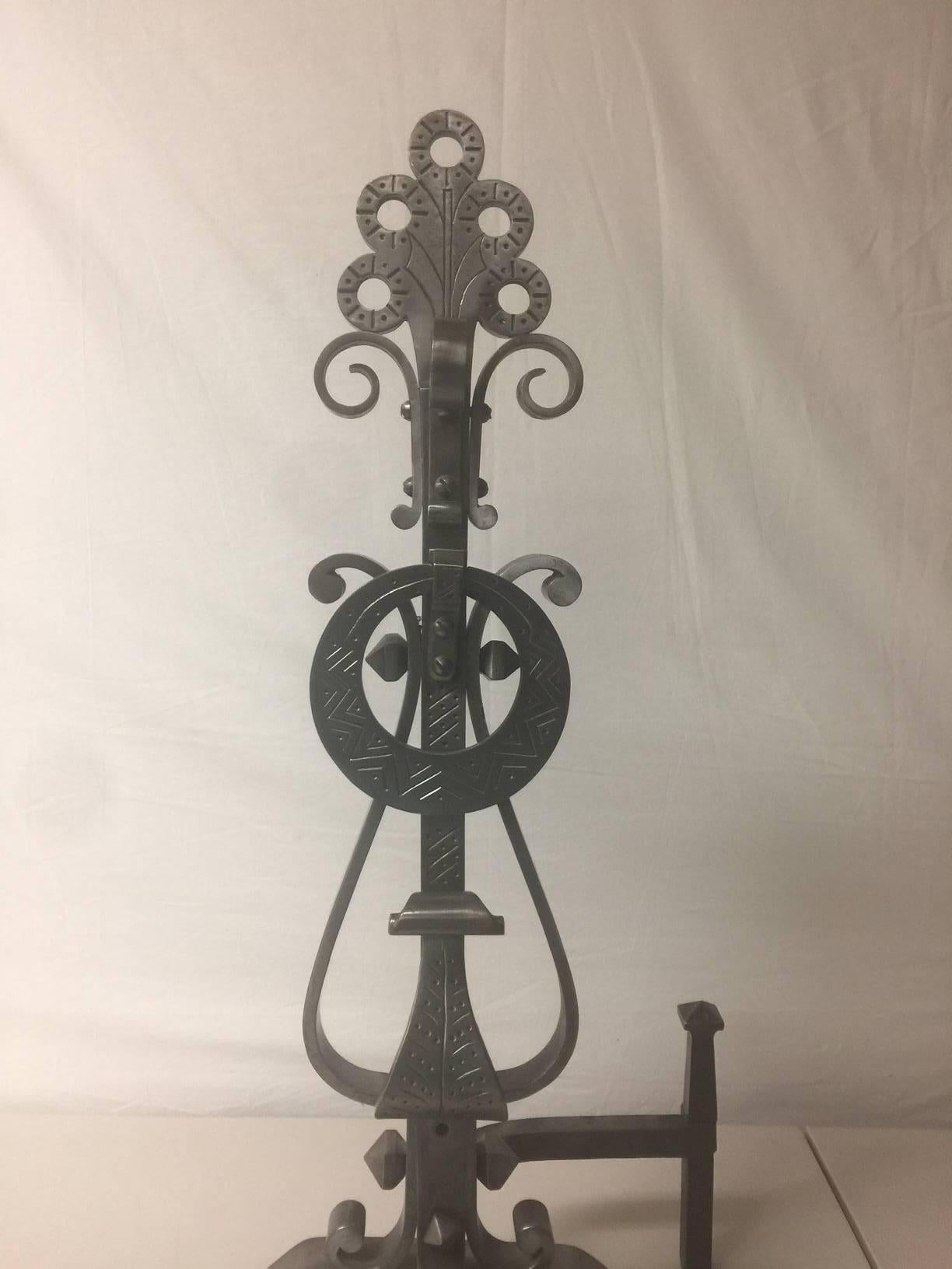 Gorgeous Pair of Scrolled Iron Andirons and Cross Bar For Sale 2