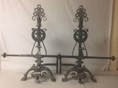 Gorgeous Pair of Scrolled Iron Andirons and Cross Bar