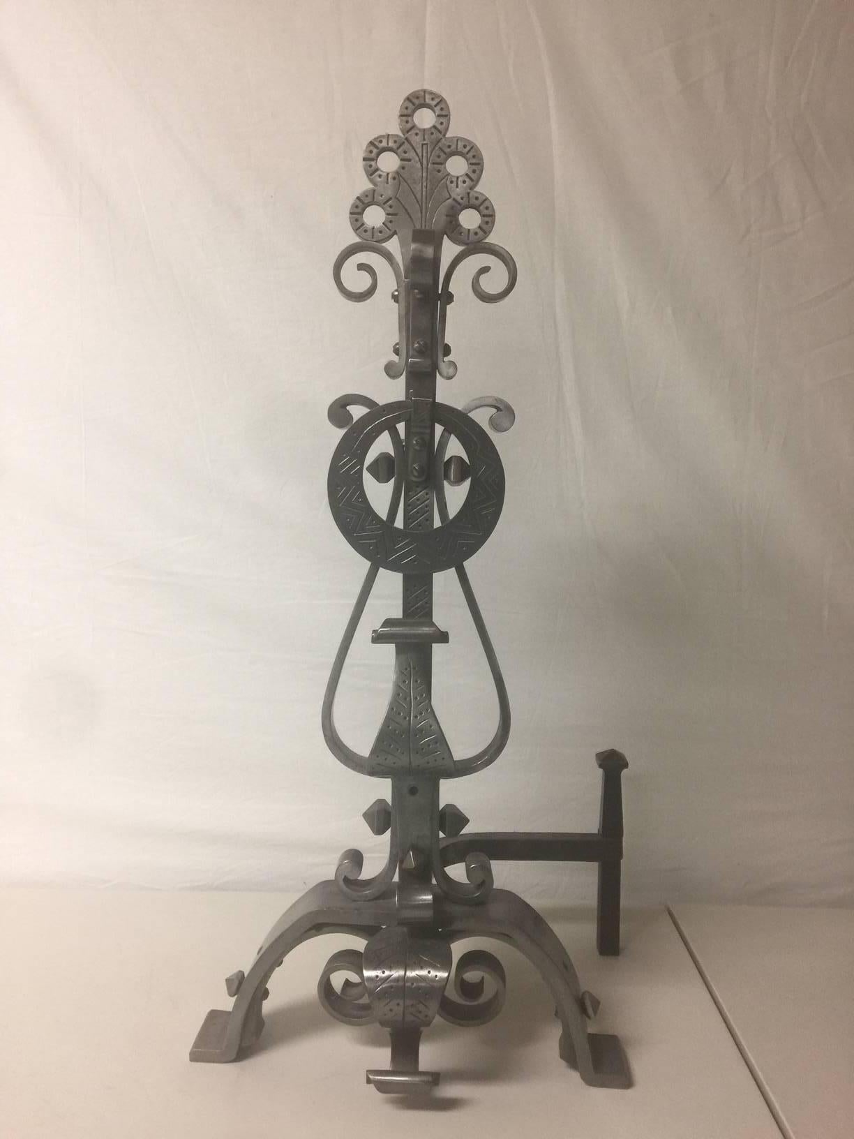 American Gorgeous Pair of Scrolled Iron Andirons and Cross Bar For Sale