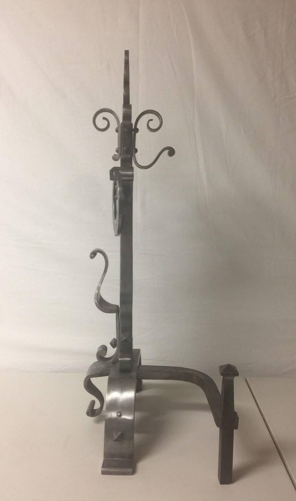 Forged Gorgeous Pair of Scrolled Iron Andirons and Cross Bar For Sale