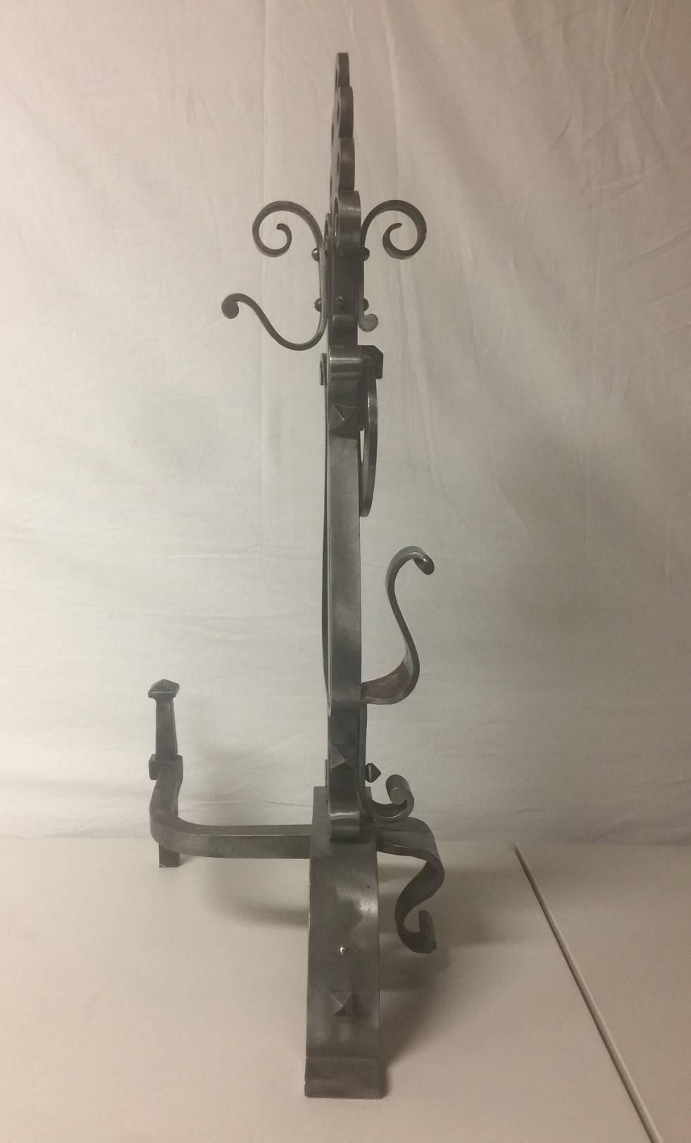 20th Century Gorgeous Pair of Scrolled Iron Andirons and Cross Bar For Sale