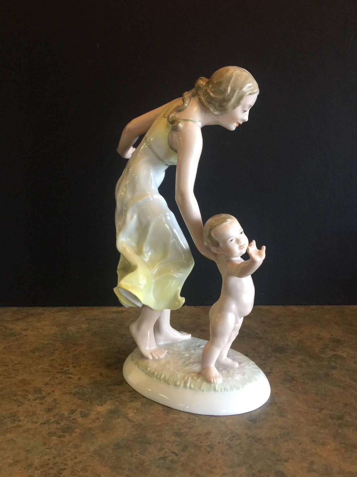 Hand-Painted Vintage Mother & Child Porcelain Figurine by Hutschenruether Rare U.S. Zone