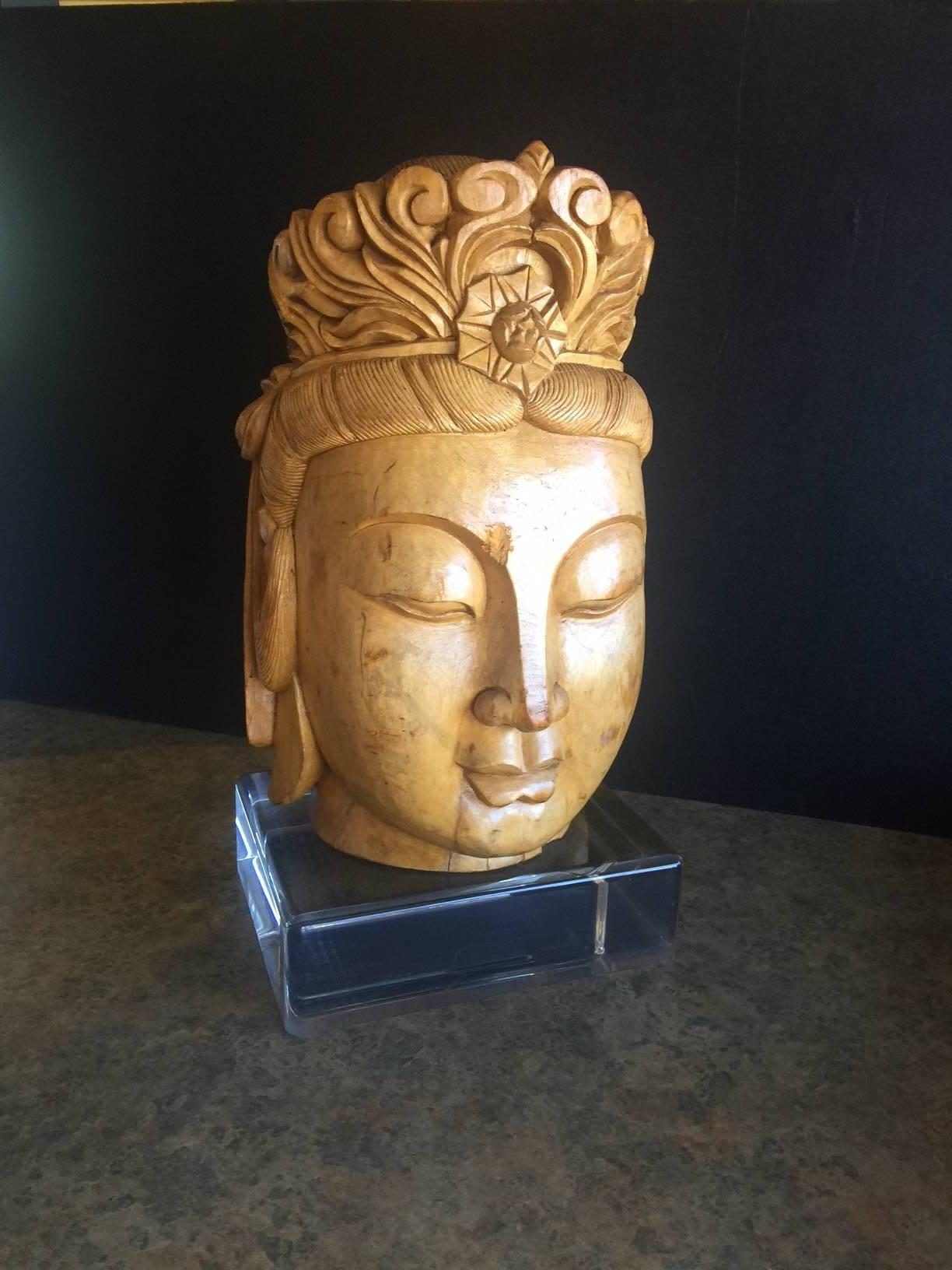 Impressive Hand-Carved Wooden Buddha Head on Acrylic Base 5