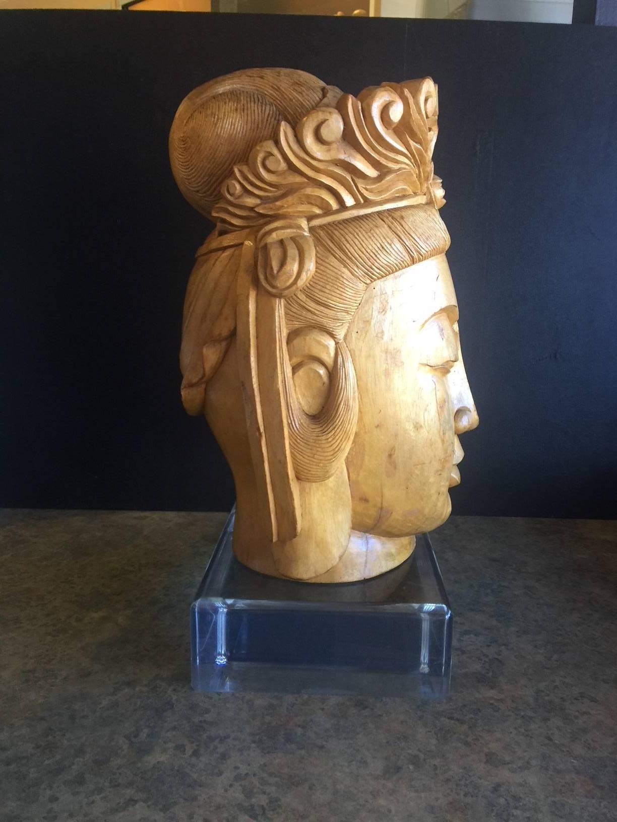 Impressive Hand-Carved Wooden Buddha Head on Acrylic Base In Good Condition In San Diego, CA