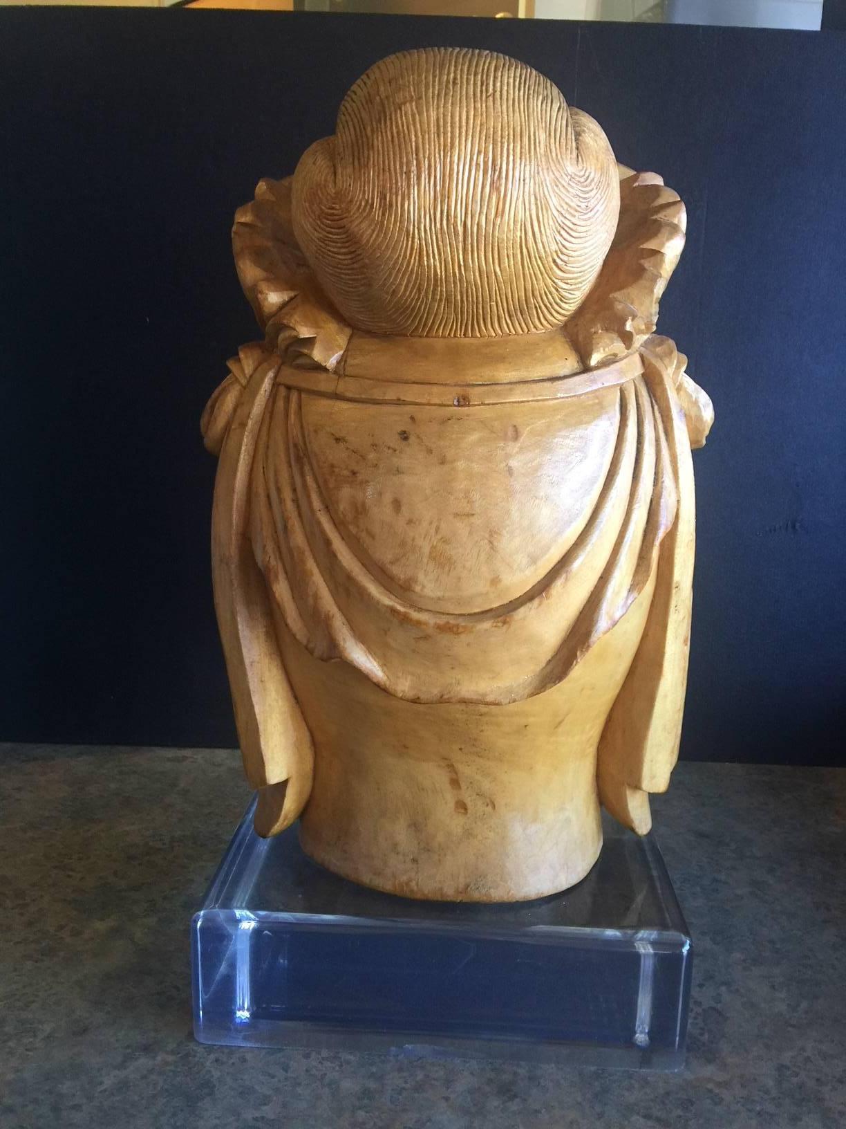 20th Century Impressive Hand-Carved Wooden Buddha Head on Acrylic Base