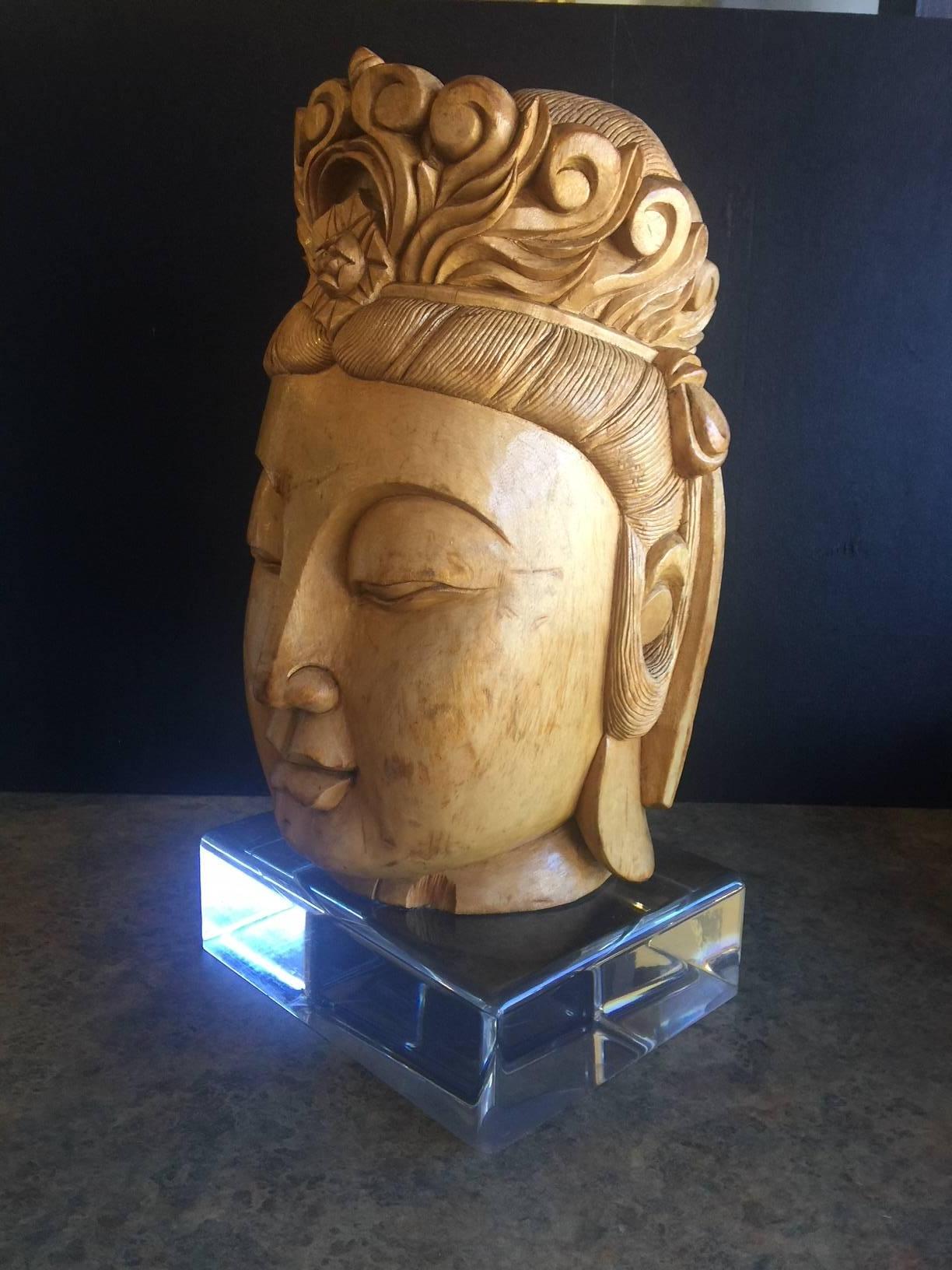 Impressive Hand-Carved Wooden Buddha Head on Acrylic Base 2