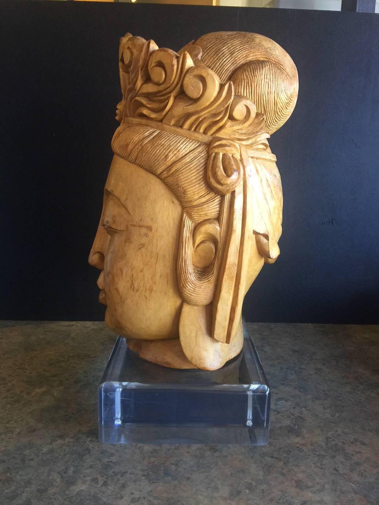 Impressive Hand-Carved Wooden Buddha Head on Acrylic Base 1