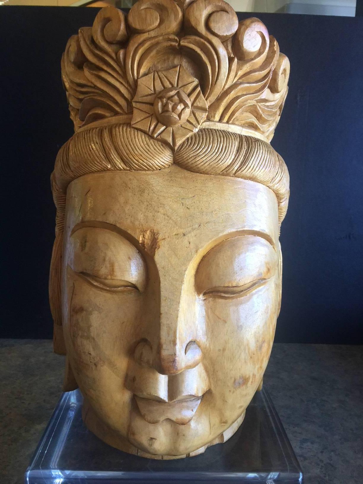 Impressive Hand-Carved Wooden Buddha Head on Acrylic Base 3