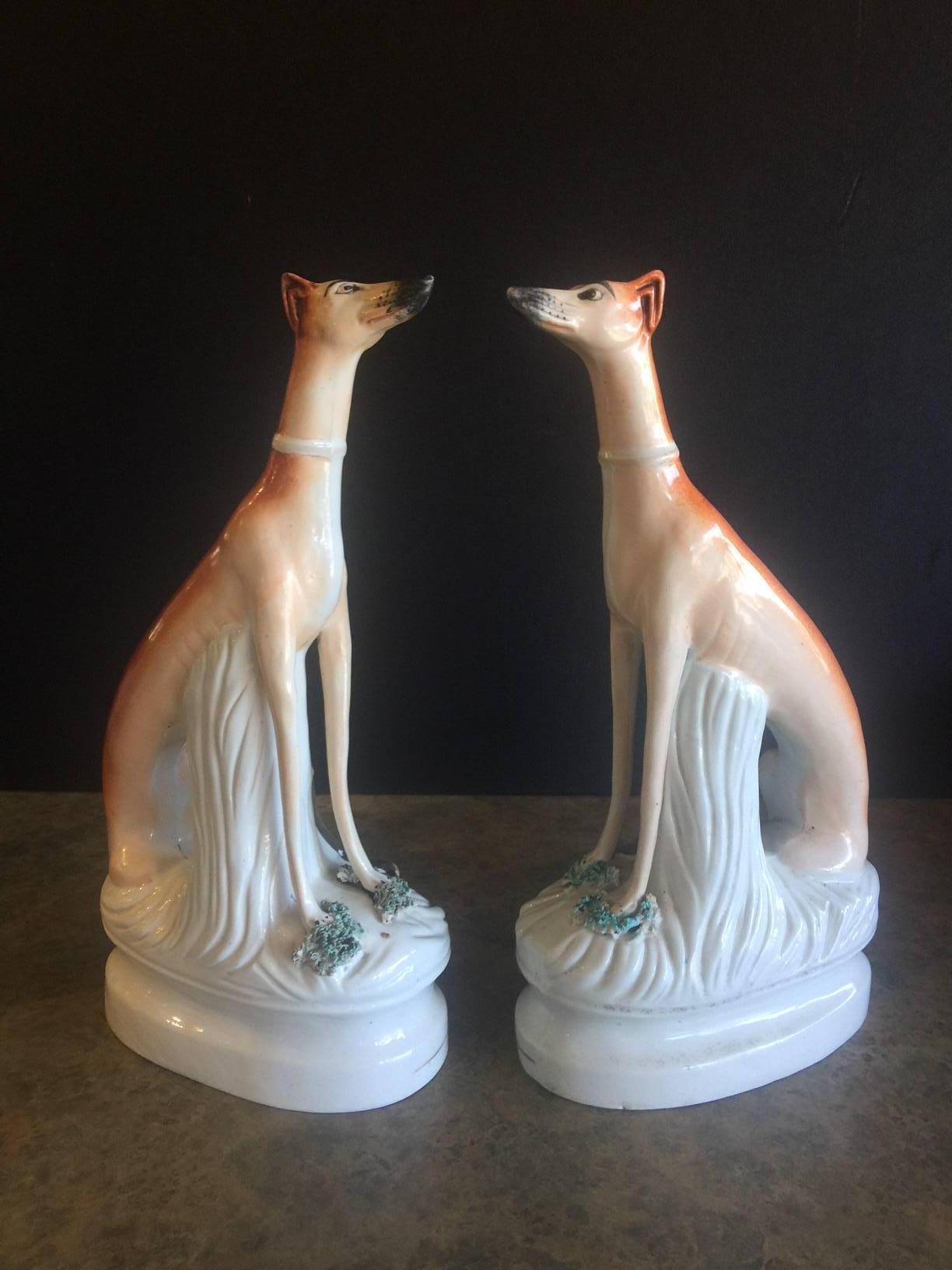 Hand-Painted Pair of 19th Century Porcelain Greyhound/Whippet Figurines by Staffordshire