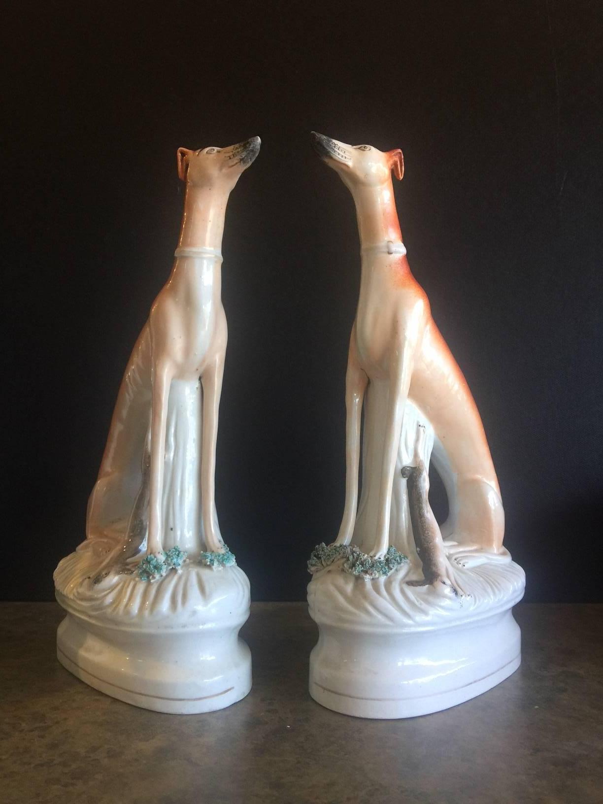 Pair of 19th Century Porcelain Greyhound/Whippet Figurines by Staffordshire In Good Condition In San Diego, CA