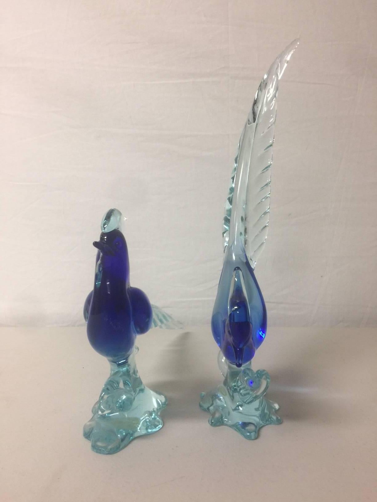 Italian Pair of Sommerso Art Glass Birds/Pheasants by Murano Glass Studios