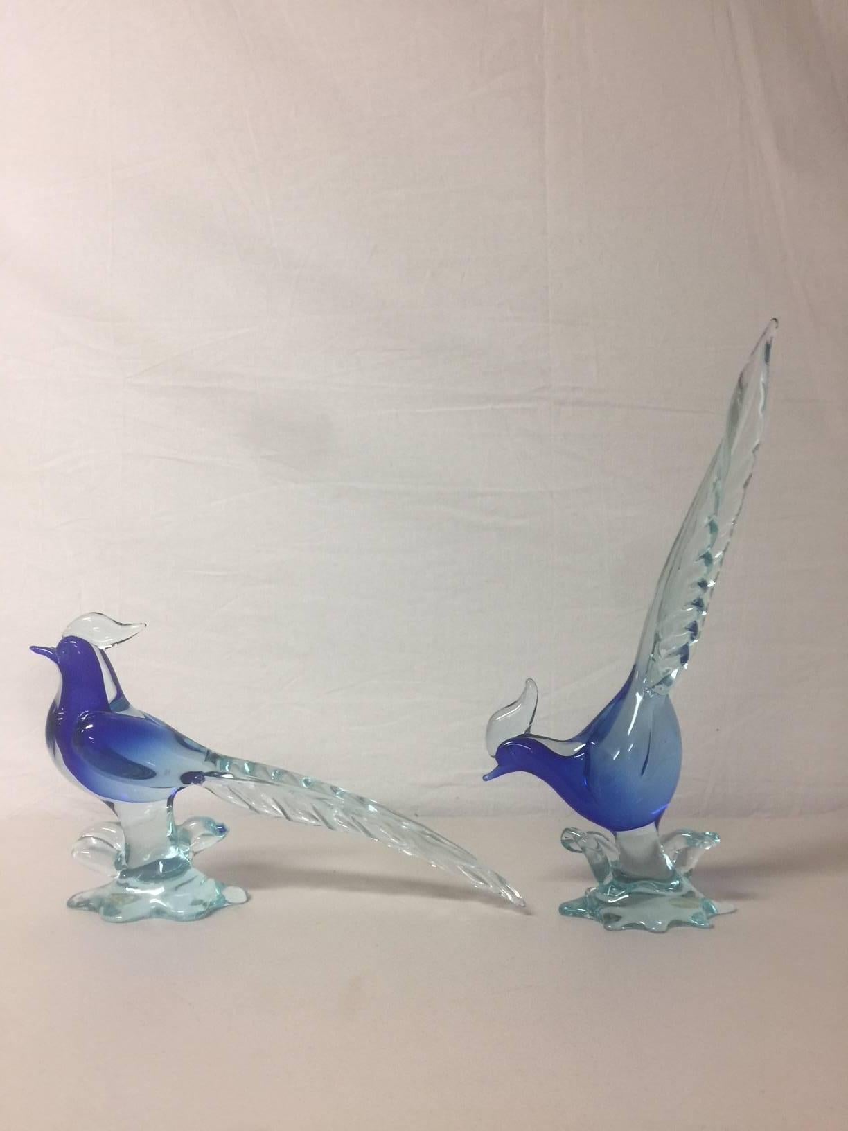 Mid-Century Modern Pair of Sommerso Art Glass Birds/Pheasants by Murano Glass Studios