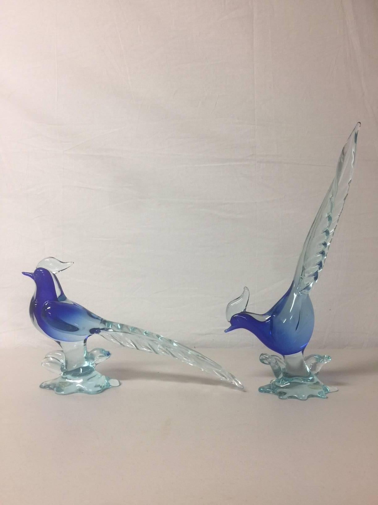 Pair of Sommerso Art Glass Birds/Pheasants by Murano Glass Studios In Excellent Condition In San Diego, CA