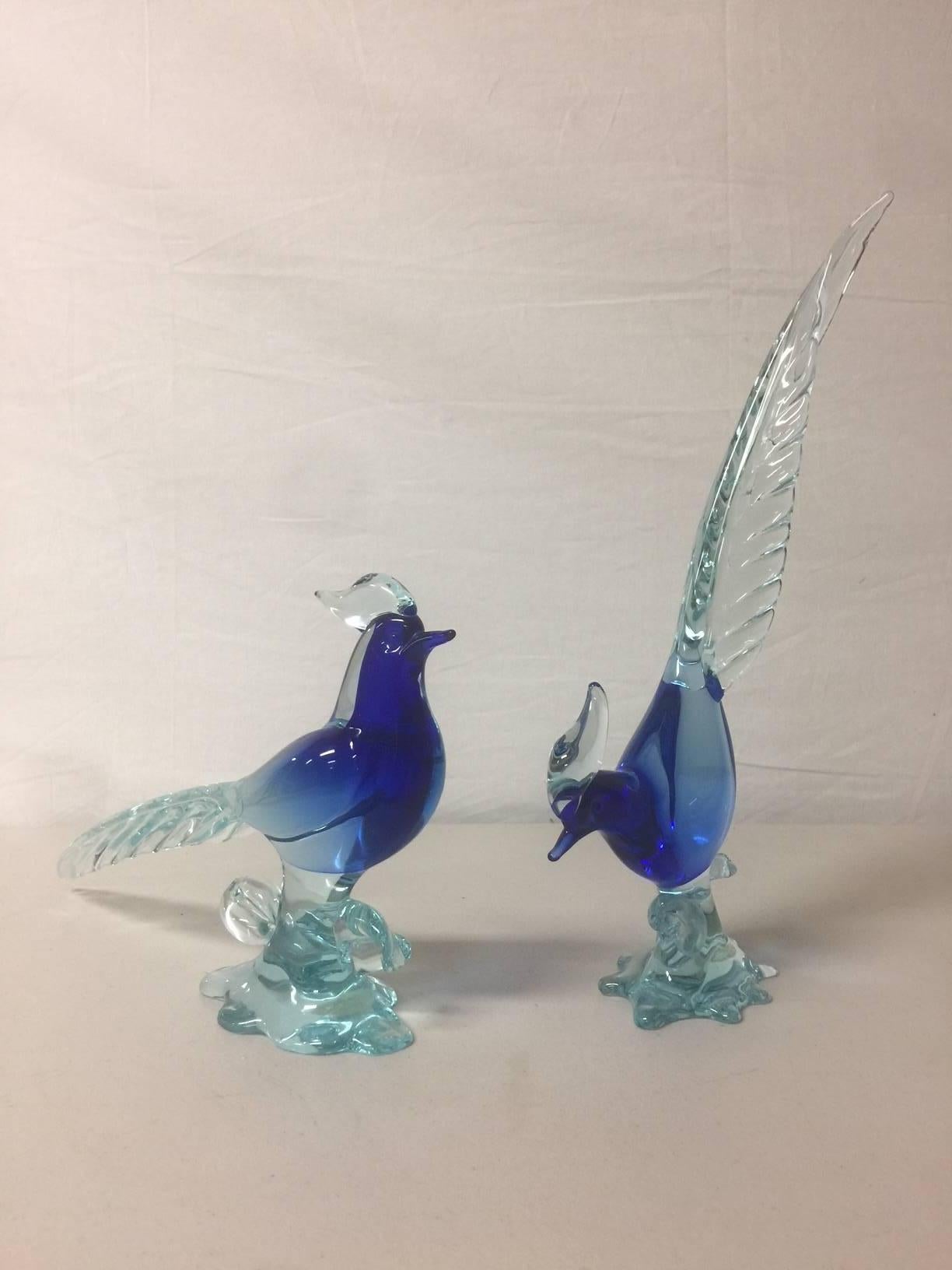 20th Century Pair of Sommerso Art Glass Birds/Pheasants by Murano Glass Studios