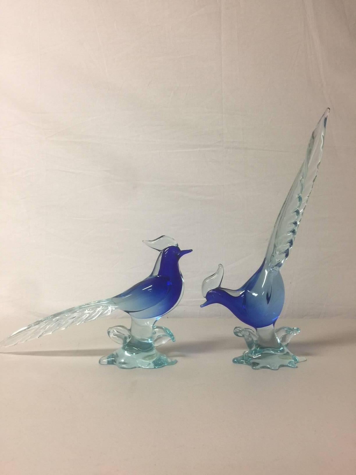 Pair of Sommerso Art Glass Birds/Pheasants by Murano Glass Studios 1