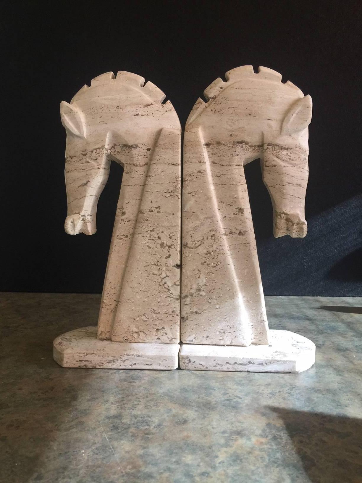 Pair of Mid-Century Italian Travertine Horse Head Bookends In Excellent Condition For Sale In San Diego, CA