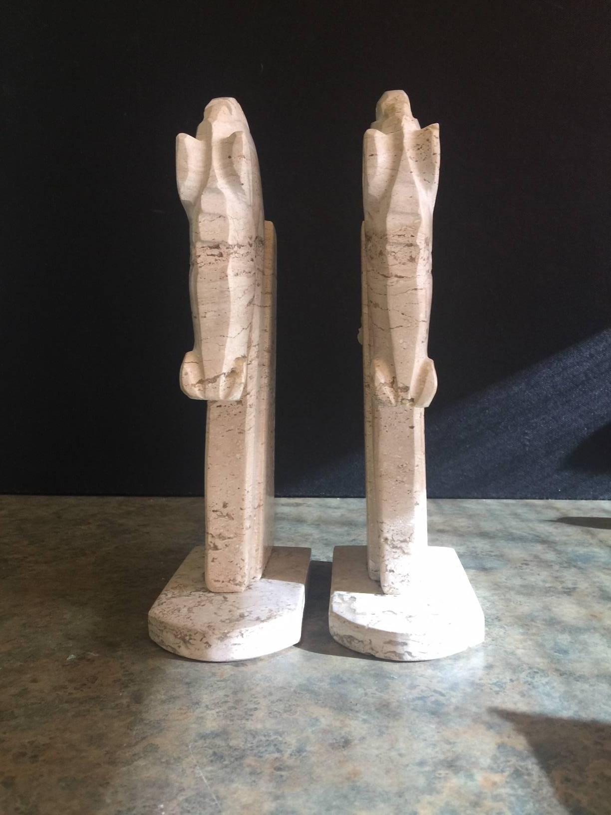 20th Century Pair of Mid-Century Italian Travertine Horse Head Bookends For Sale
