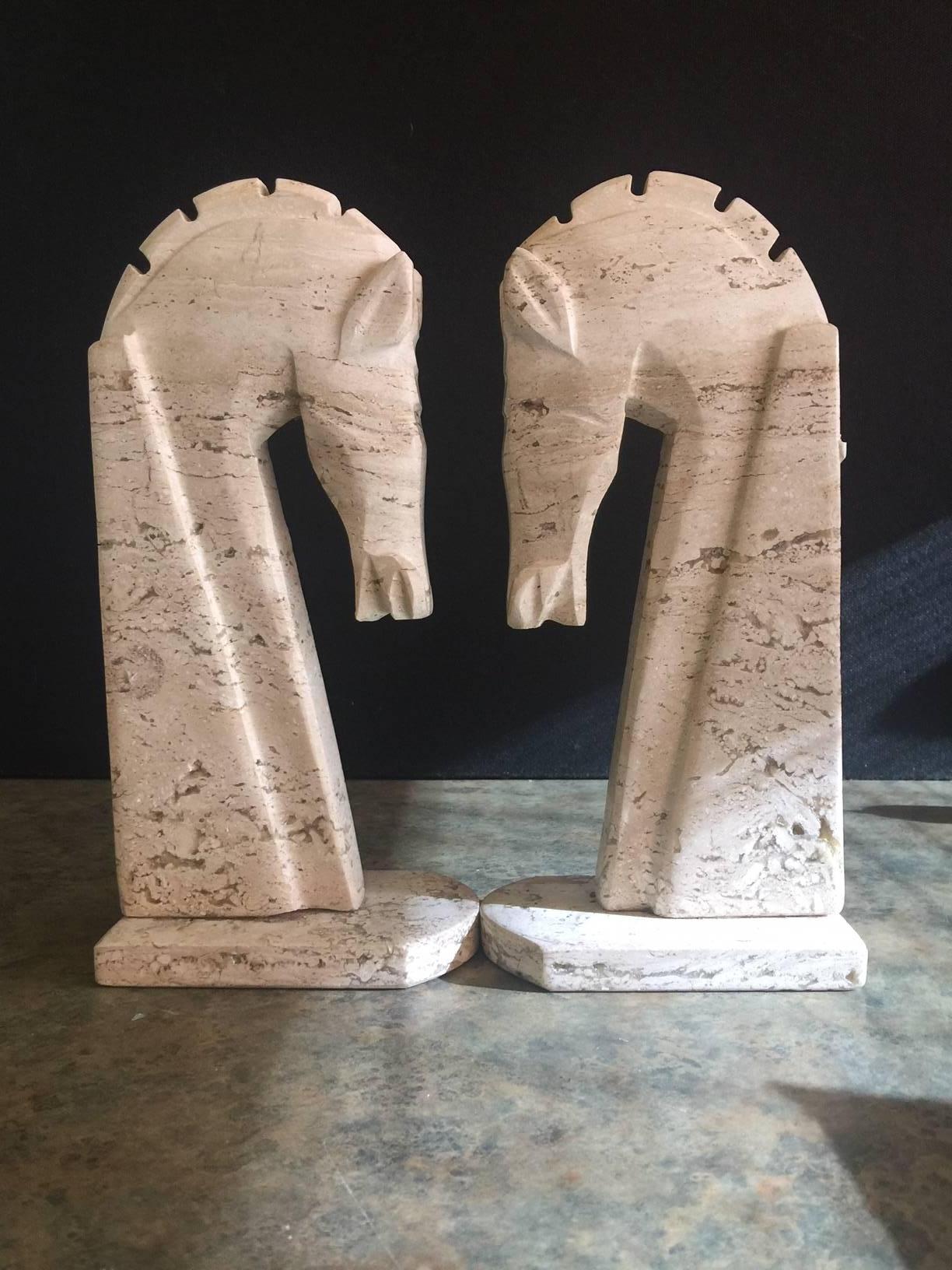 Pair of Mid-Century Italian Travertine Horse Head Bookends For Sale 1