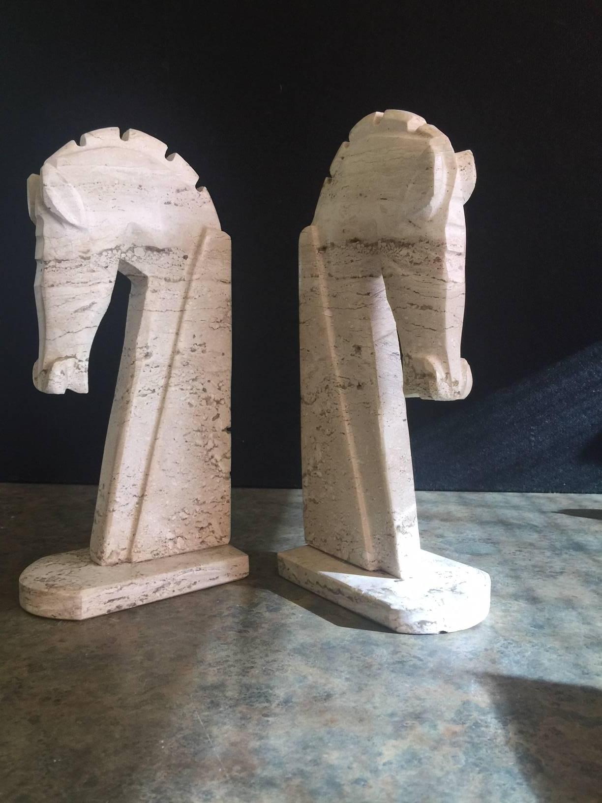 Pair of Mid-Century Italian Travertine Horse Head Bookends For Sale 2