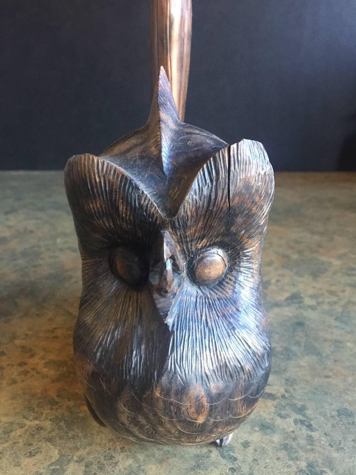 Mid-Century Modern Mid-Century Hand Carved Zebra Wood  Owl Sculpture For Sale