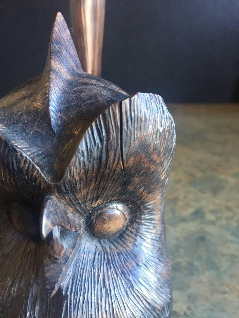 MidCentury Hand Carved Zebra Wood Owl Sculpture For Sale at 1stDibs