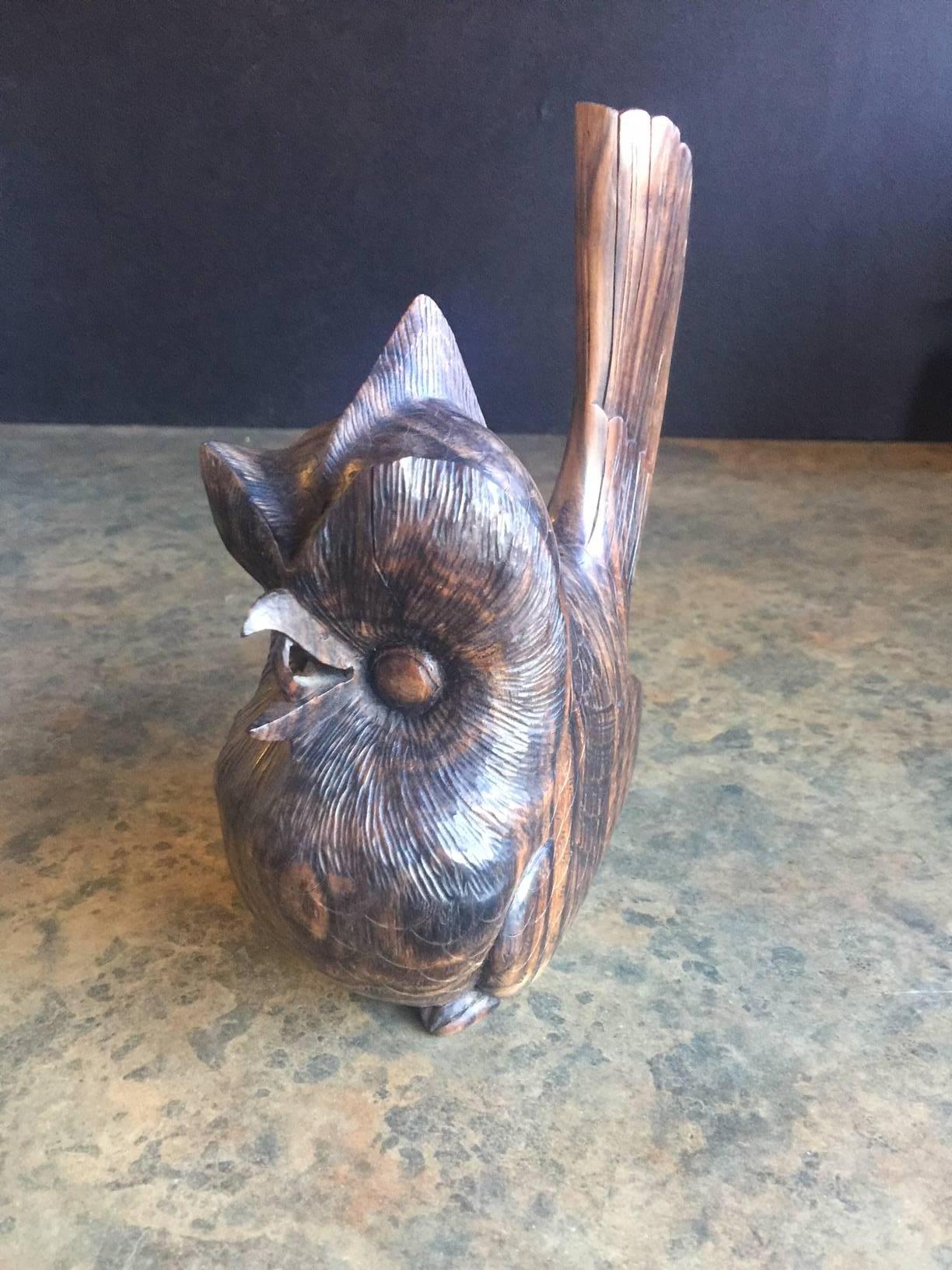 American Mid-Century Hand Carved Zebra Wood  Owl Sculpture For Sale