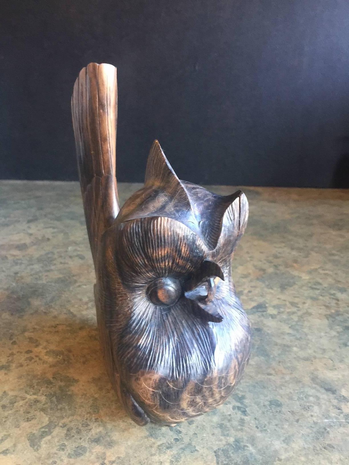 Hand-Carved Mid-Century Hand Carved Zebra Wood  Owl Sculpture For Sale