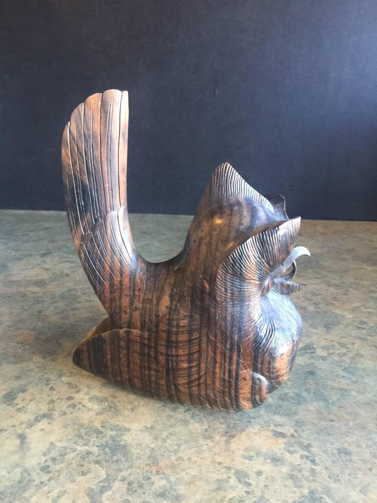 Mid-Century Hand Carved Zebra Wood  Owl Sculpture For Sale 1