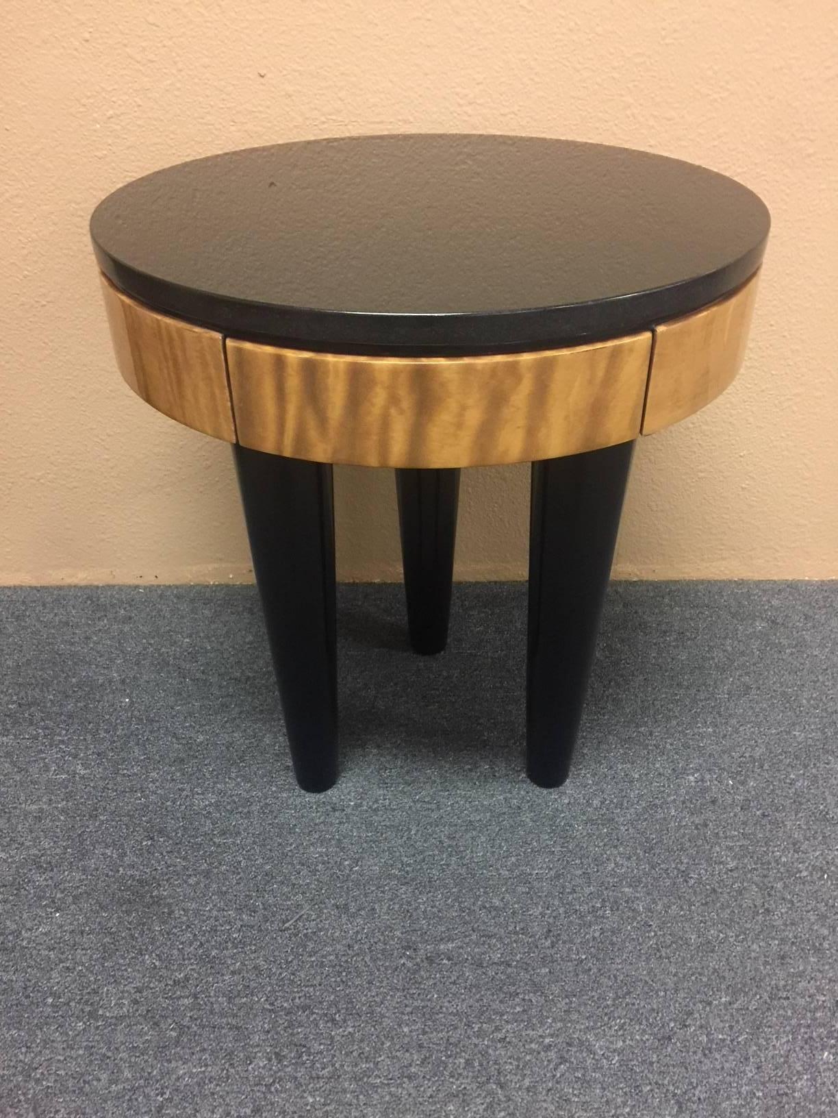 Rare and stylish black marble top three-legged side table by Pace Collection, circa 1980s. The table has one drawer and is in very good condition.