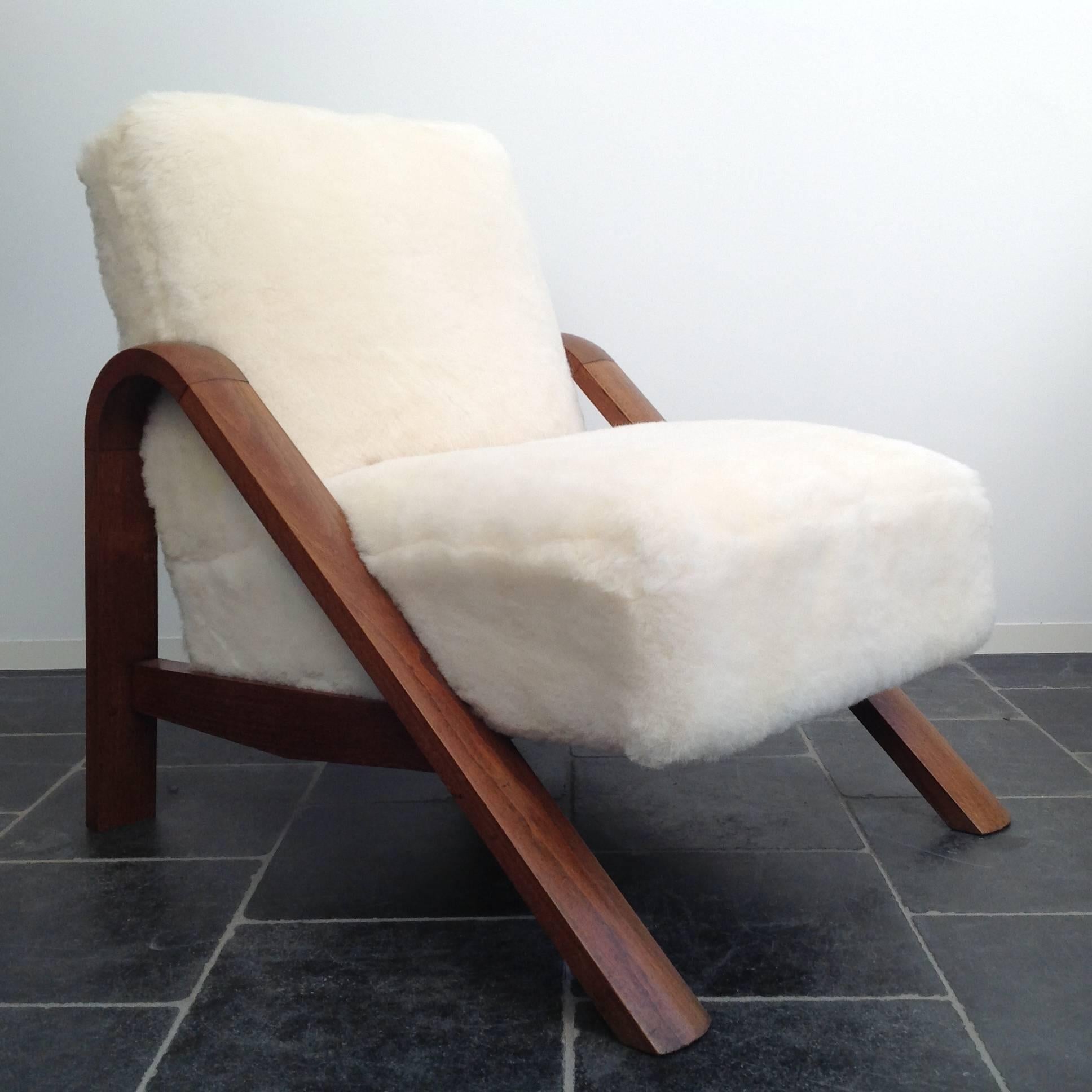 Woodwork Two Impressive, Club Chairs Upholstered with Sheepskin, Anno, 1940