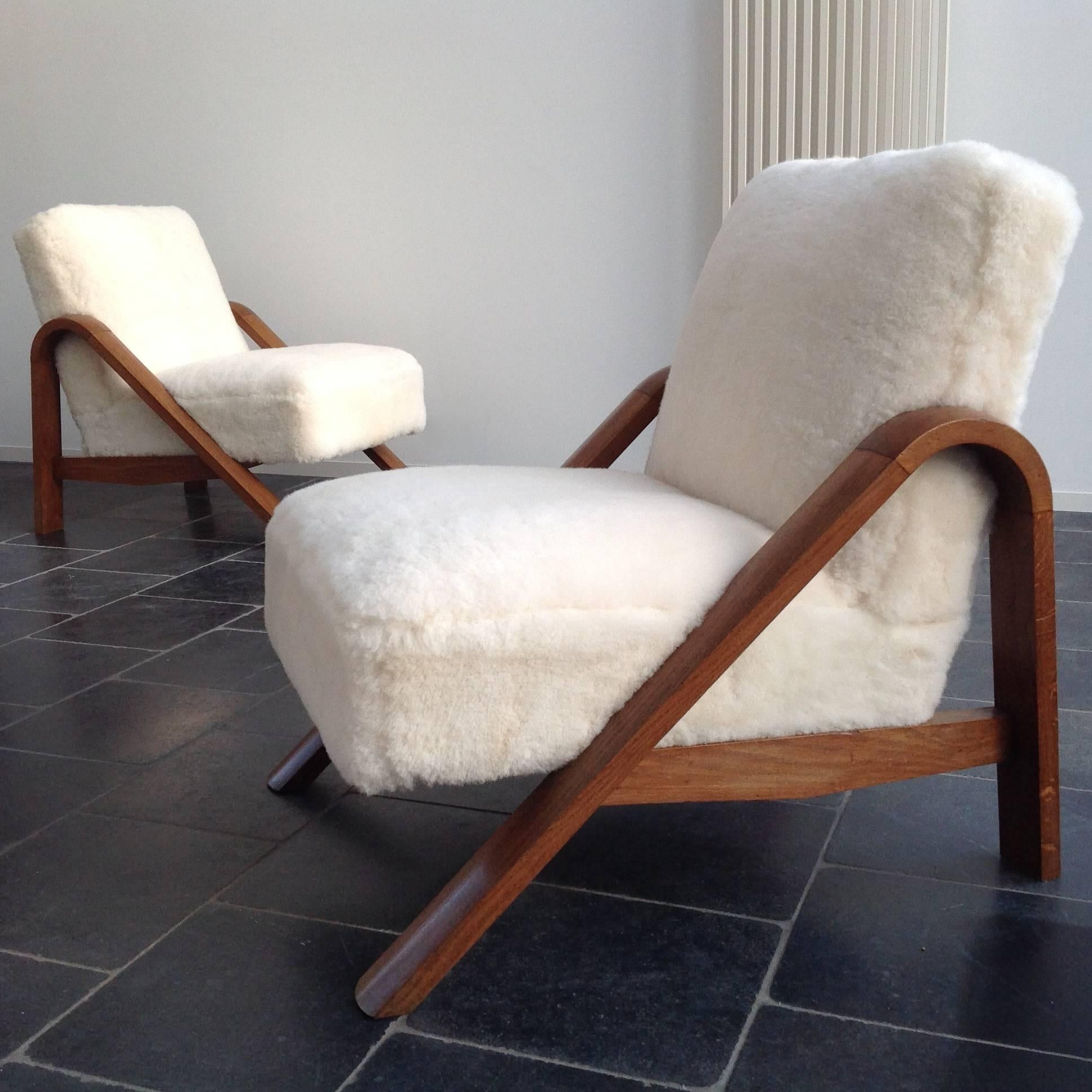 French Two Impressive, Club Chairs Upholstered with Sheepskin, Anno, 1940