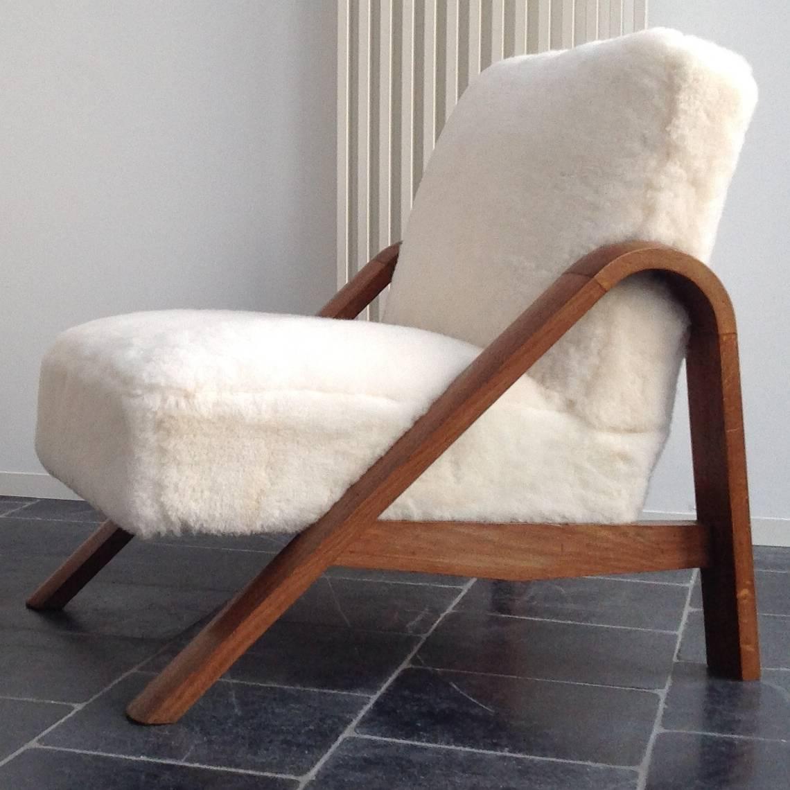 Oak Two Impressive, Club Chairs Upholstered with Sheepskin, Anno, 1940