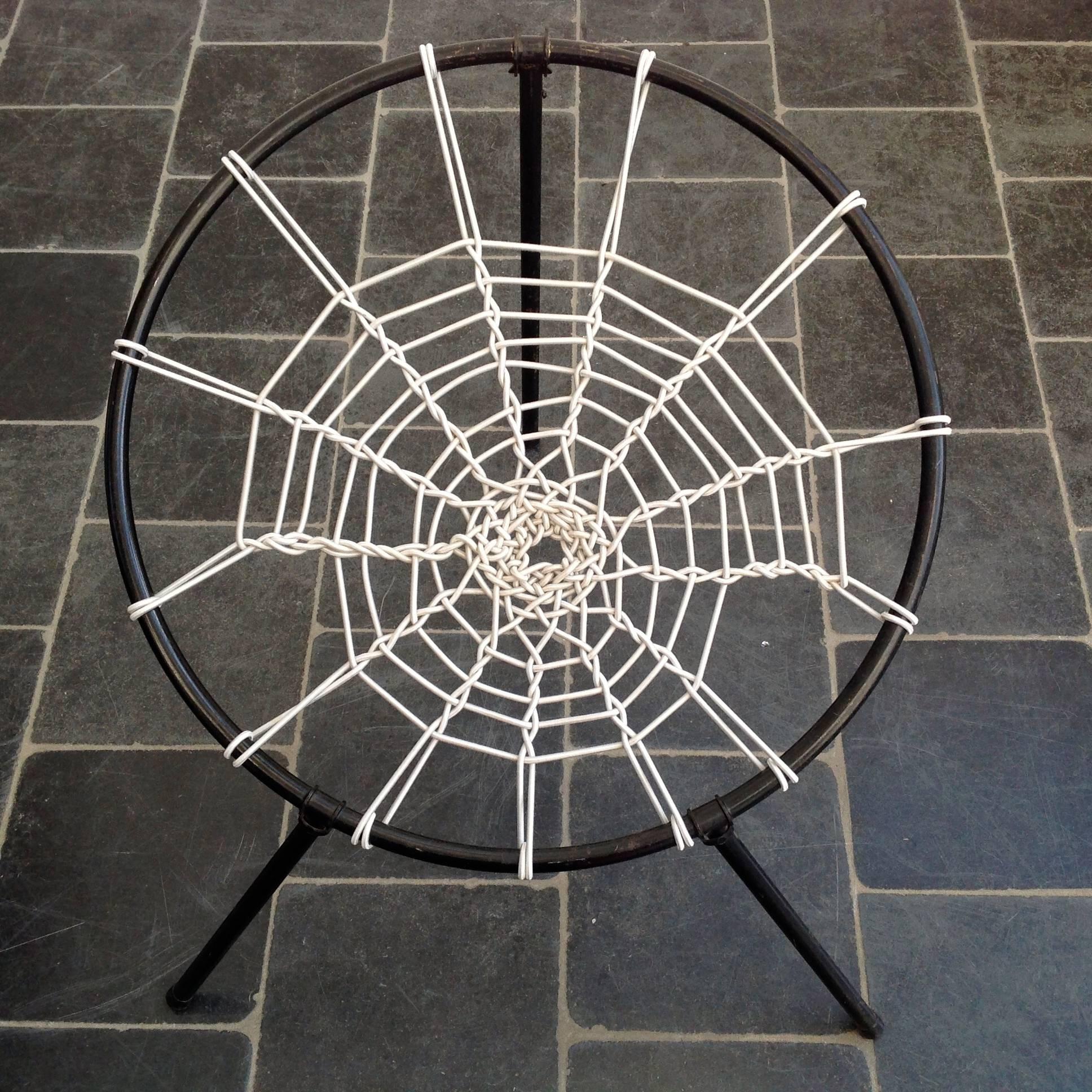Rare and unusual spider web patio chairs by Hoffer of France.
Unique tubular steel collapsible frames with a elastic cord seat reminiscent of a spider web.
Other chairs maybe you will find are unusable, these are redone with exact the same new