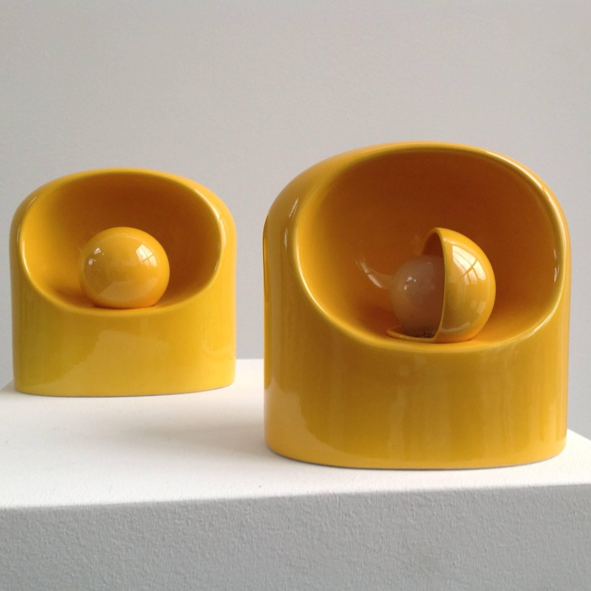 Italian Two Rare yellow Ceramic Lamps by Marcello Cuneo For Gabianelli, circa 1960