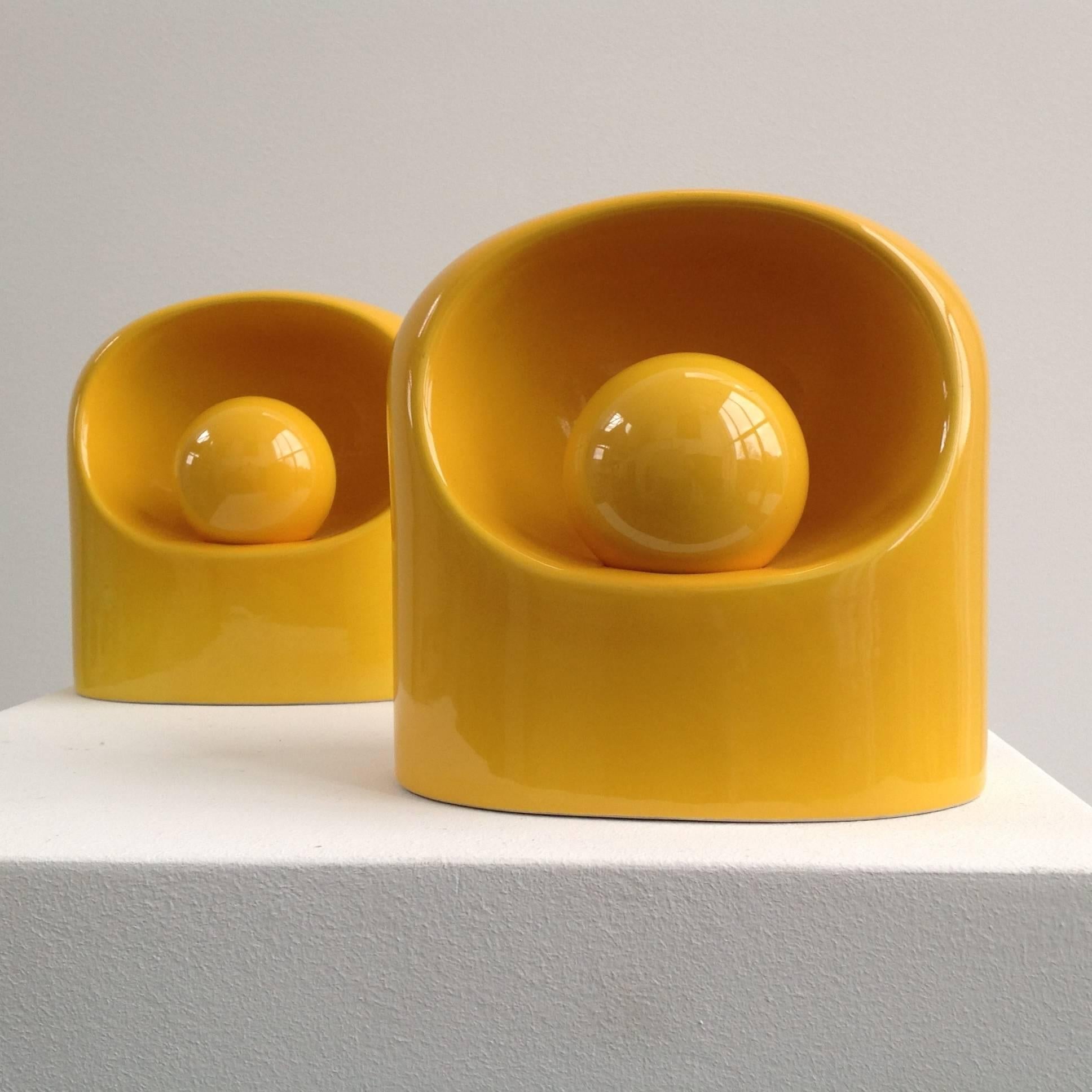 Very rare in yellow, pair of same ceramic lamps by Marcello Cuneo for Gabianelli.
The Ceramic lamps where designed in the 60s by Italian Architect Marcello Cuneo for Gabianelli (Italy).
Desk/table lamps are in excellent condition!

More pictures