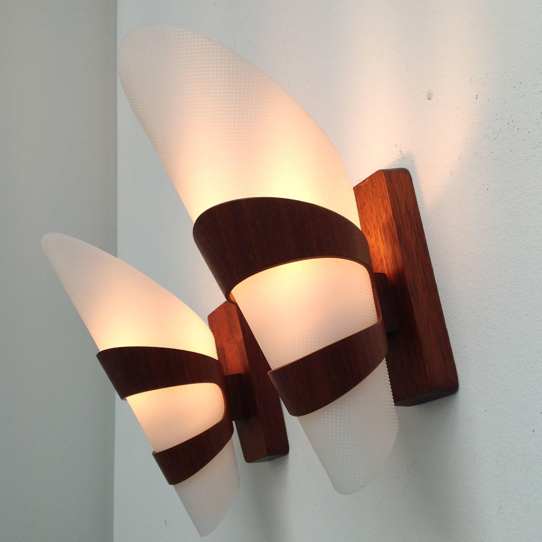 Scandinavian Modern Two Wall Lamps Complete Made of Teak Wood For Sale
