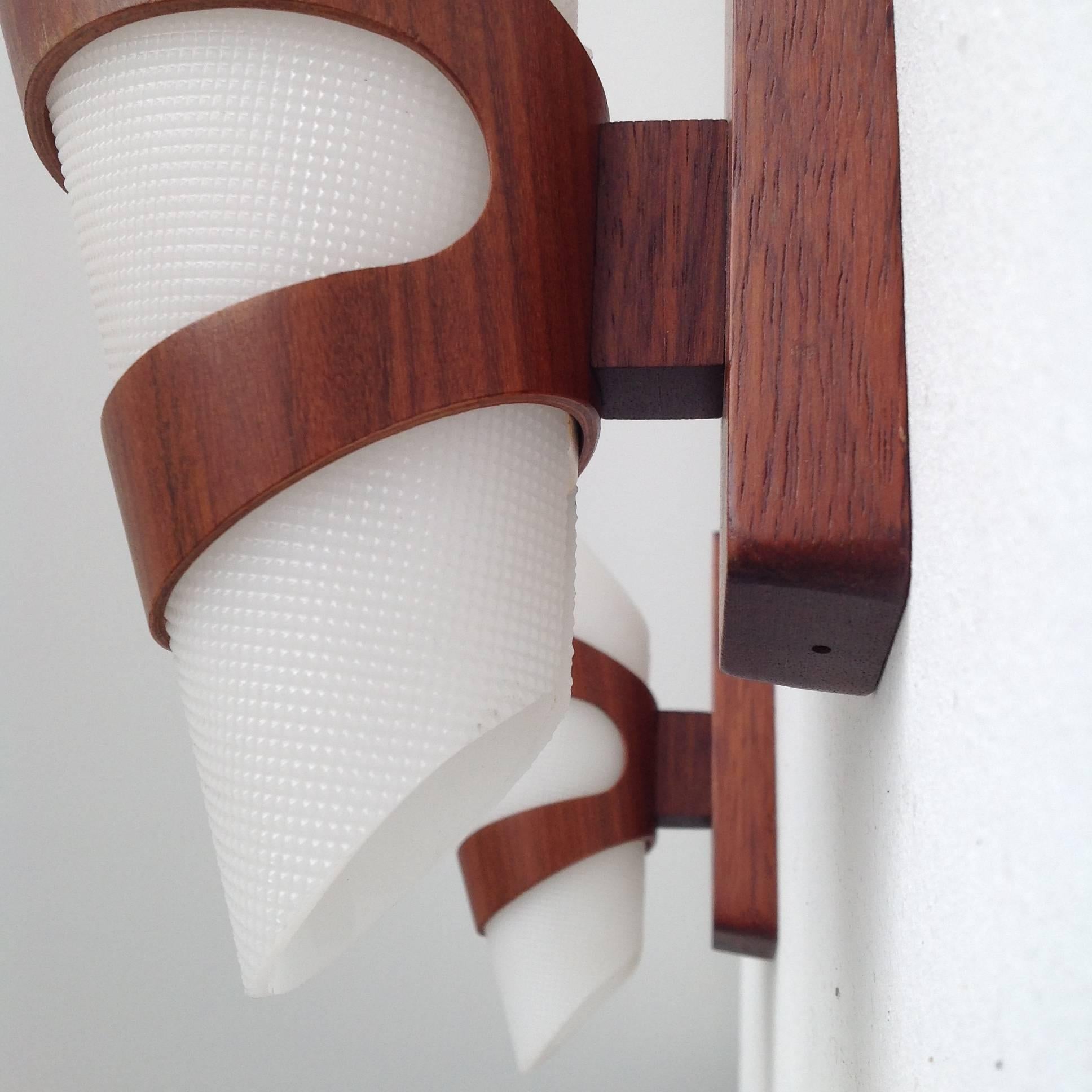 Engraved Two Wall Lamps Complete Made of Teak Wood For Sale
