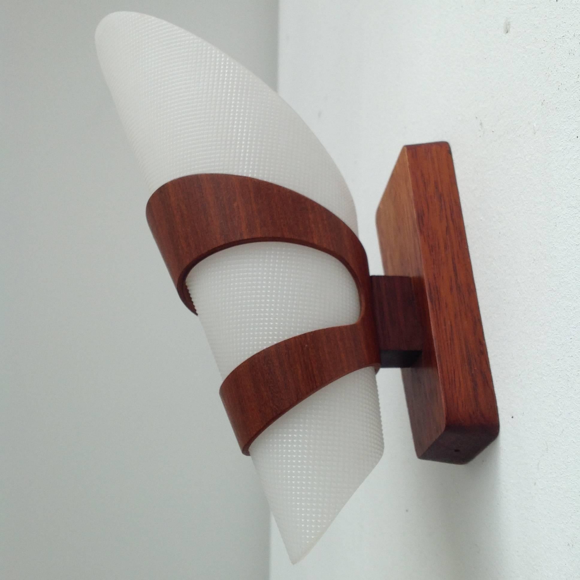 Plexiglass Two Wall Lamps Complete Made of Teak Wood For Sale