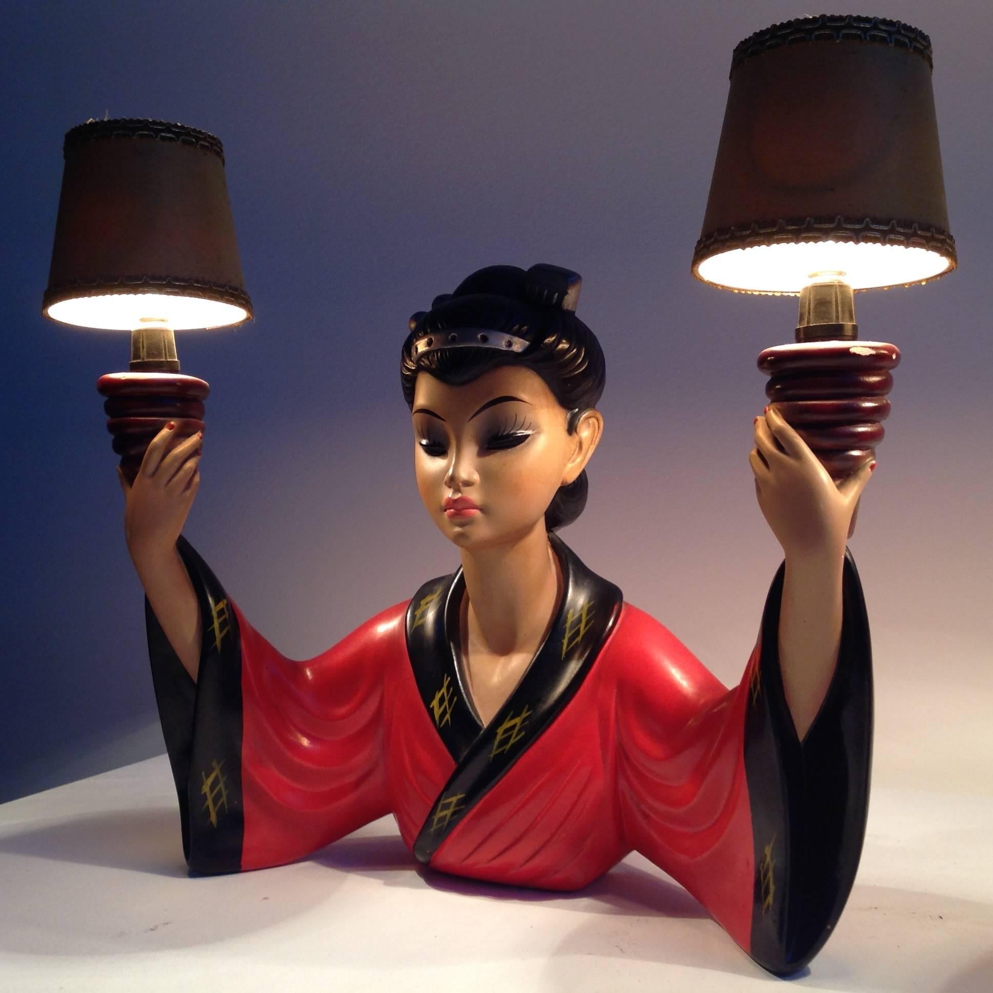 Made by Melani Salvatore (1902-1934).
One very rare table or wall lamp made in plater, super decorative and beautiful on the wall or sideboard.
Are complete and in very good original condition, including the two small lampshades (these are ok, but