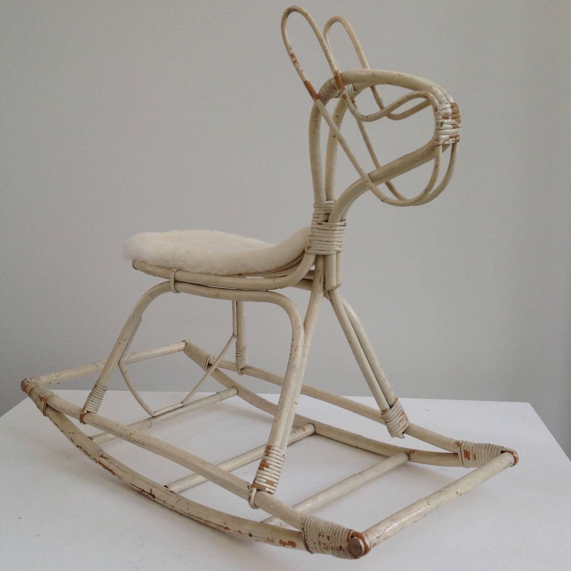 Painted Rare Bamboo Rocking Horse by Dirk van Sliedrecht for Rohé, 1950s