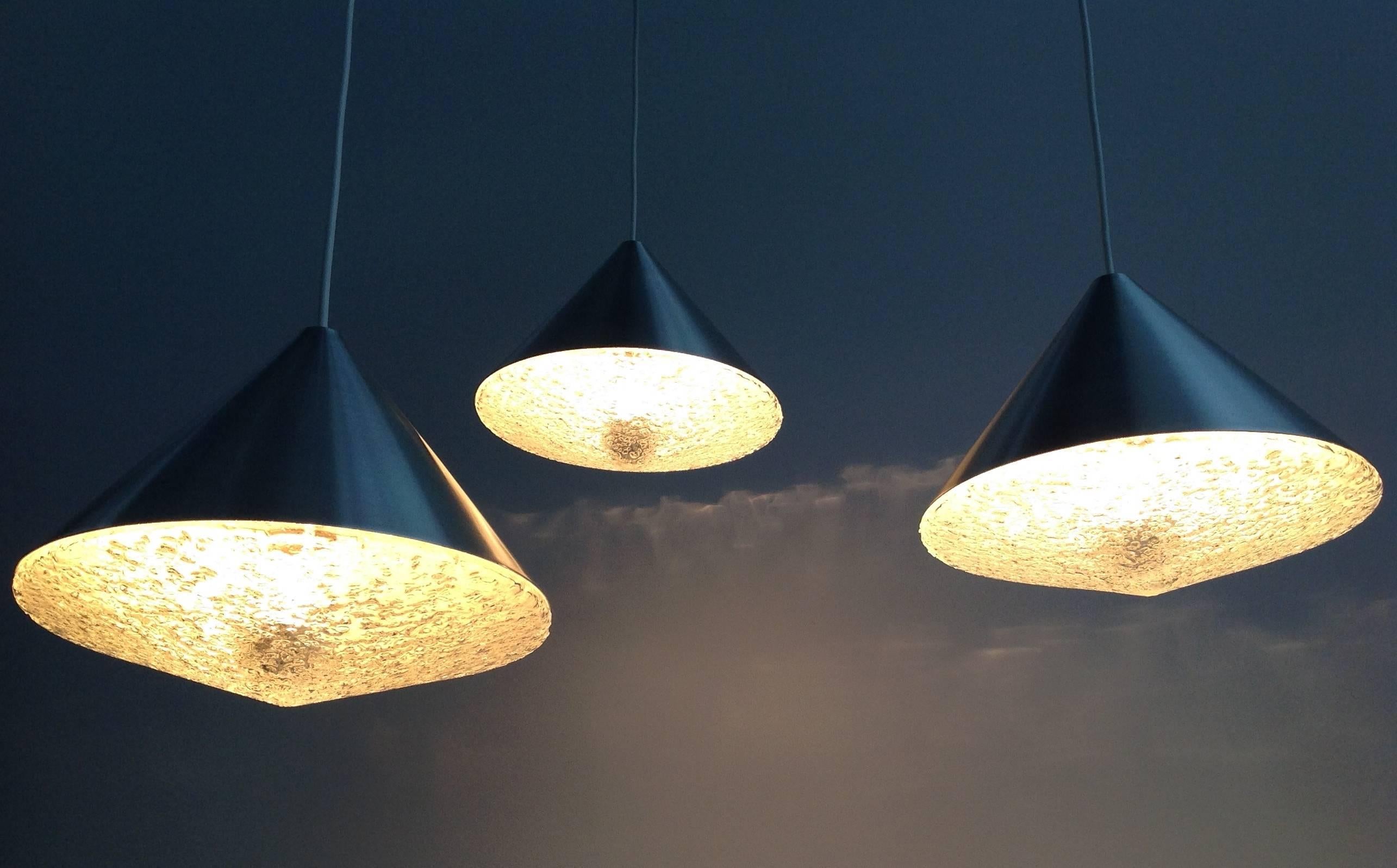 Brushed Three Beautiful Glass Chandeliers Cone Shape, Anno, 1970 For Sale