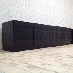 Two Black Brutalist Credenzas with Graphical Doors