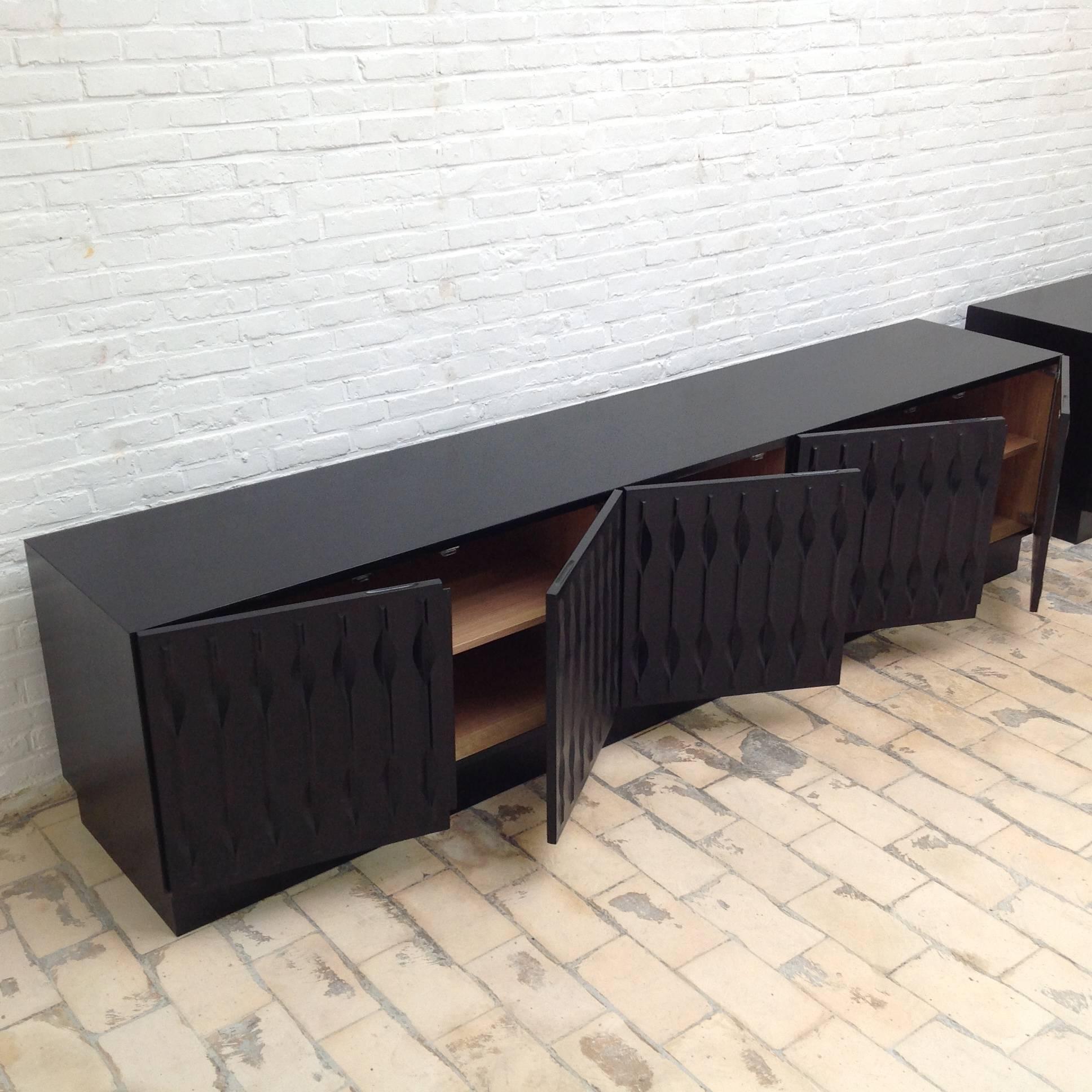 Ebonized Two Black Brutalist Credenzas with Graphical Doors For Sale