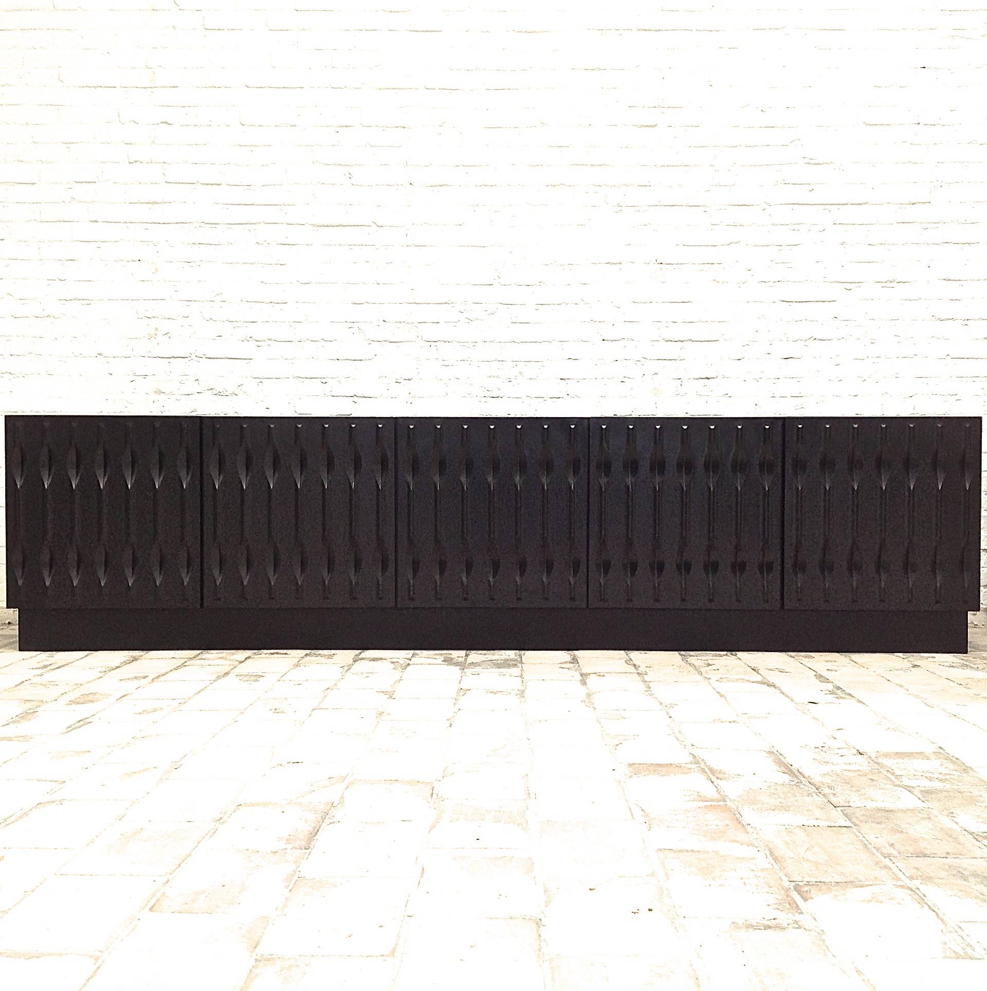 Two Black Brutalist Credenzas with Graphical Doors For Sale 3