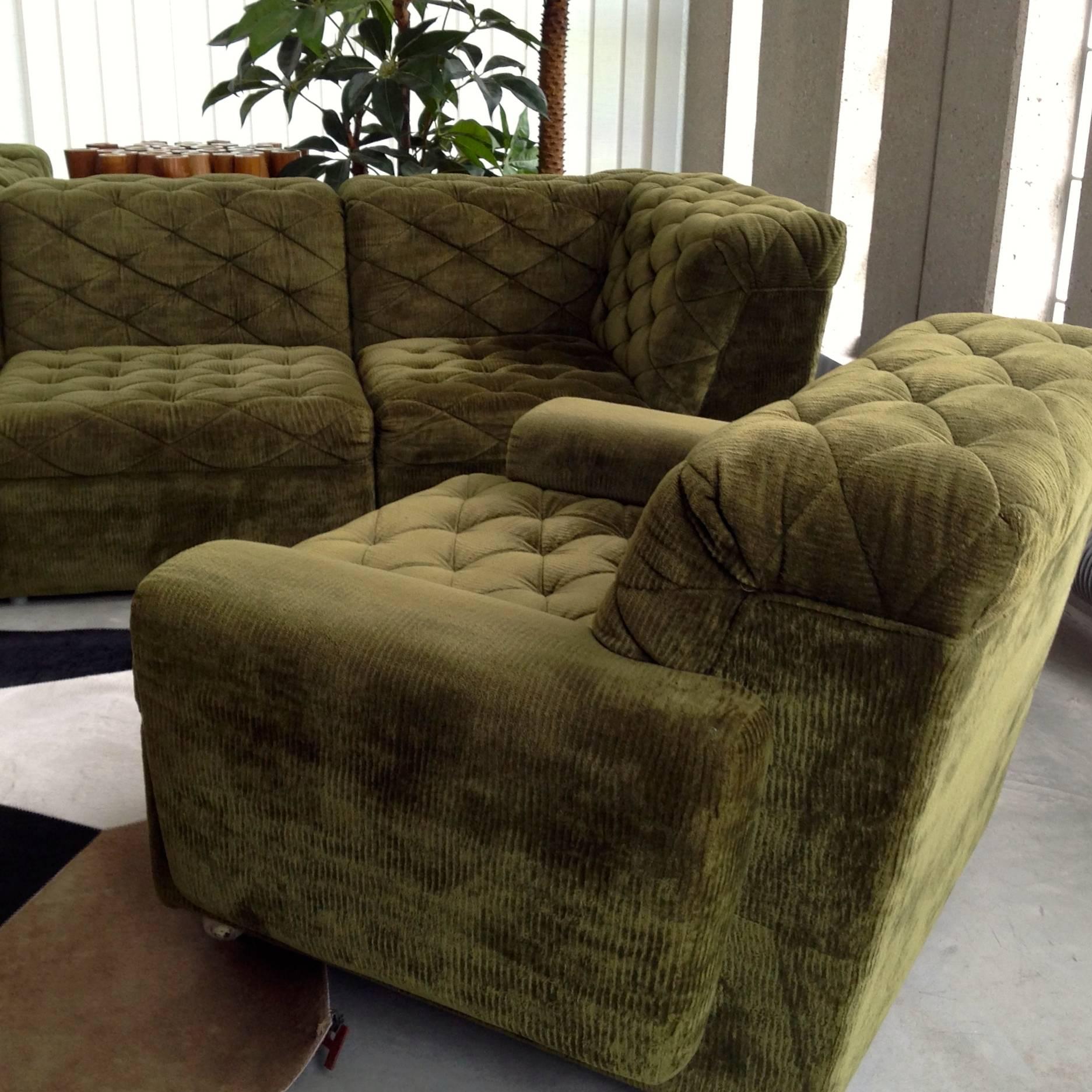 Hollywood Regency Modular Sofa with Snake Pattern in Beautiful Grass Green Velvet, Top Condition