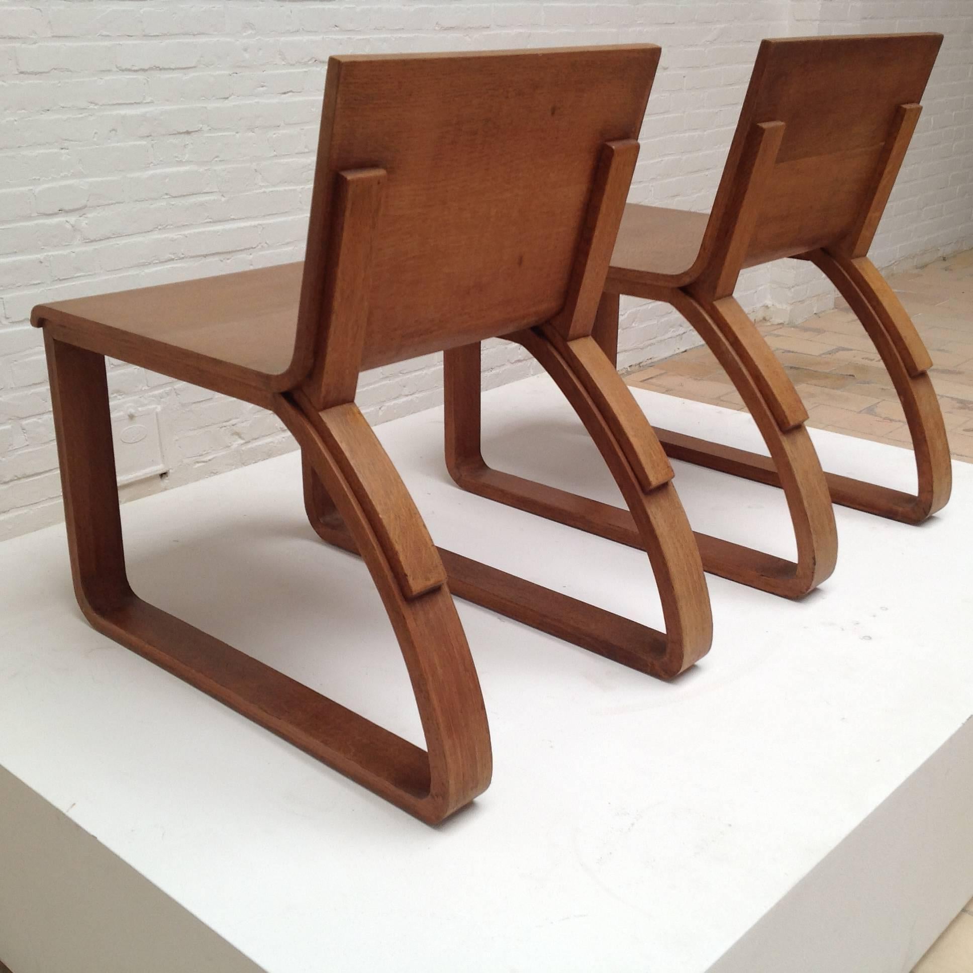 Streamlined Moderne Beautiful Pair of Oak Easy Chairs Design by Audoux Minet, circa 1950 For Sale